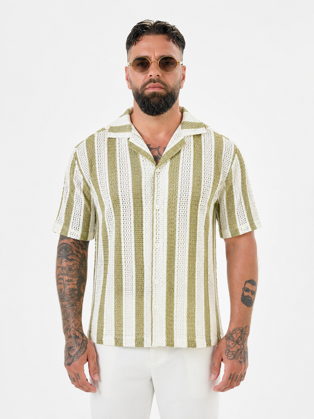 Naxos Striped Knitted Shirt - Olive Green