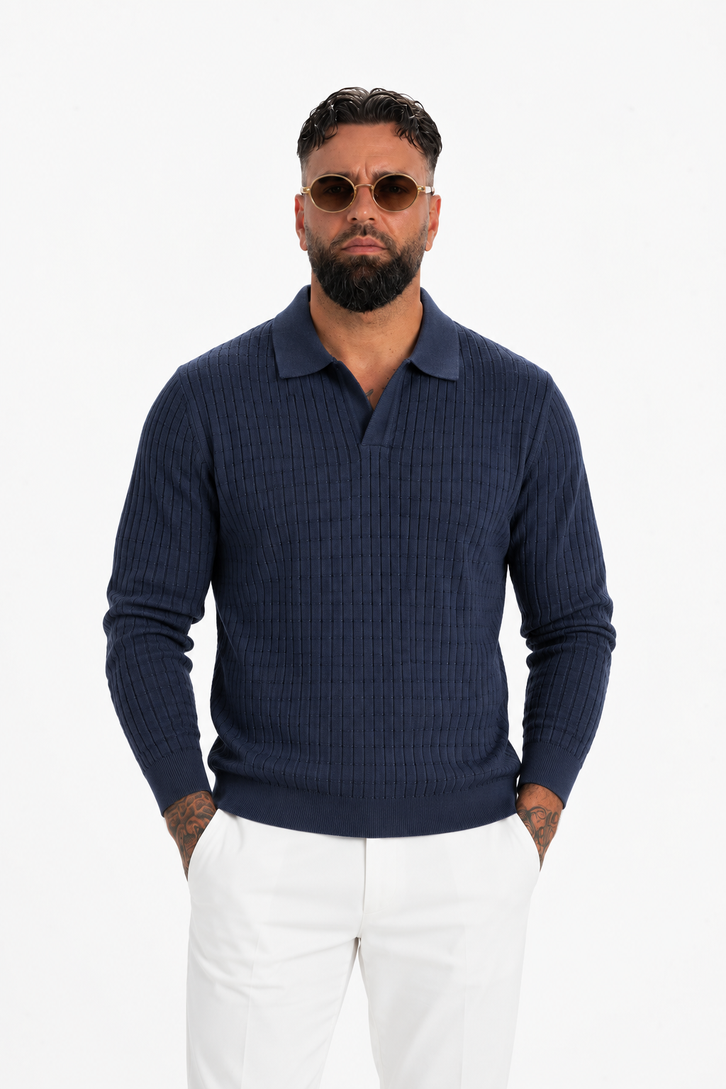 Taormina Textured Knit Polo Navy Blue