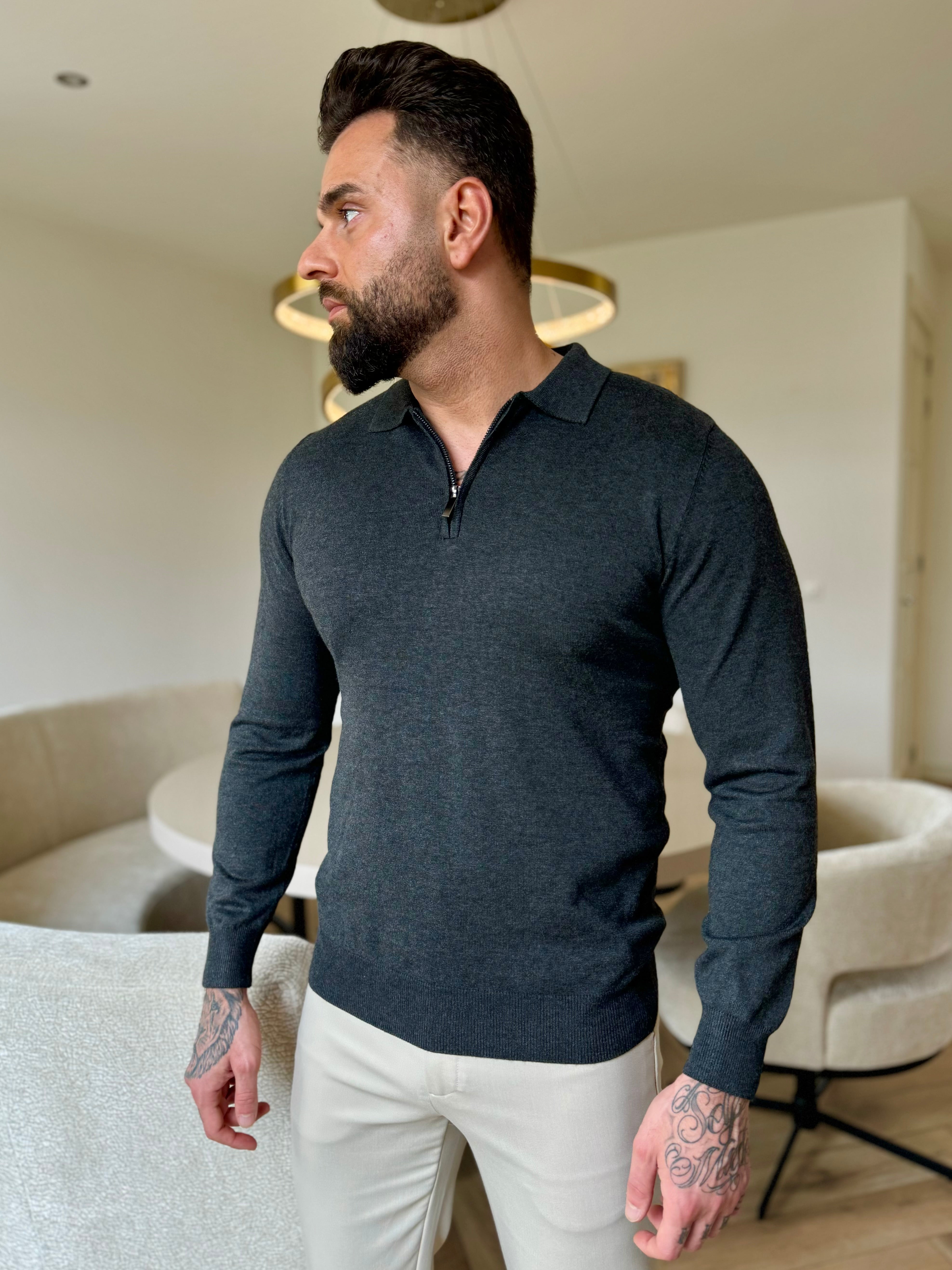 Polo knitwear long sleeve zipper dark grey