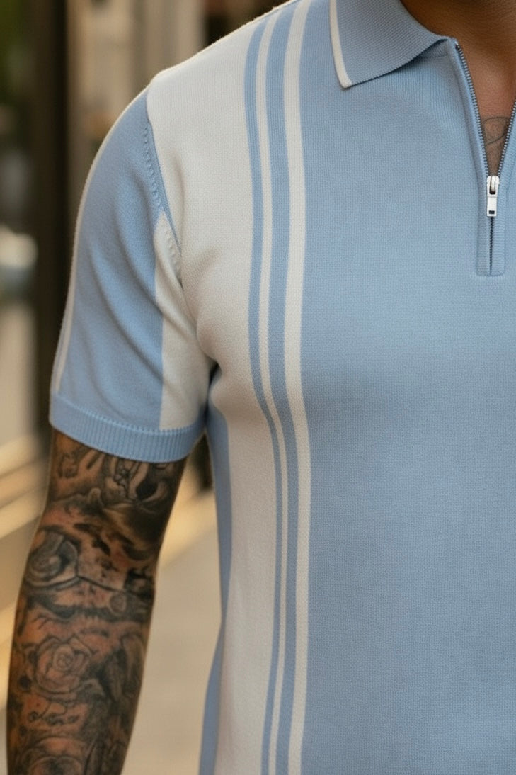 Polo knitwear short sleeve zipper light blue white - Frankie's