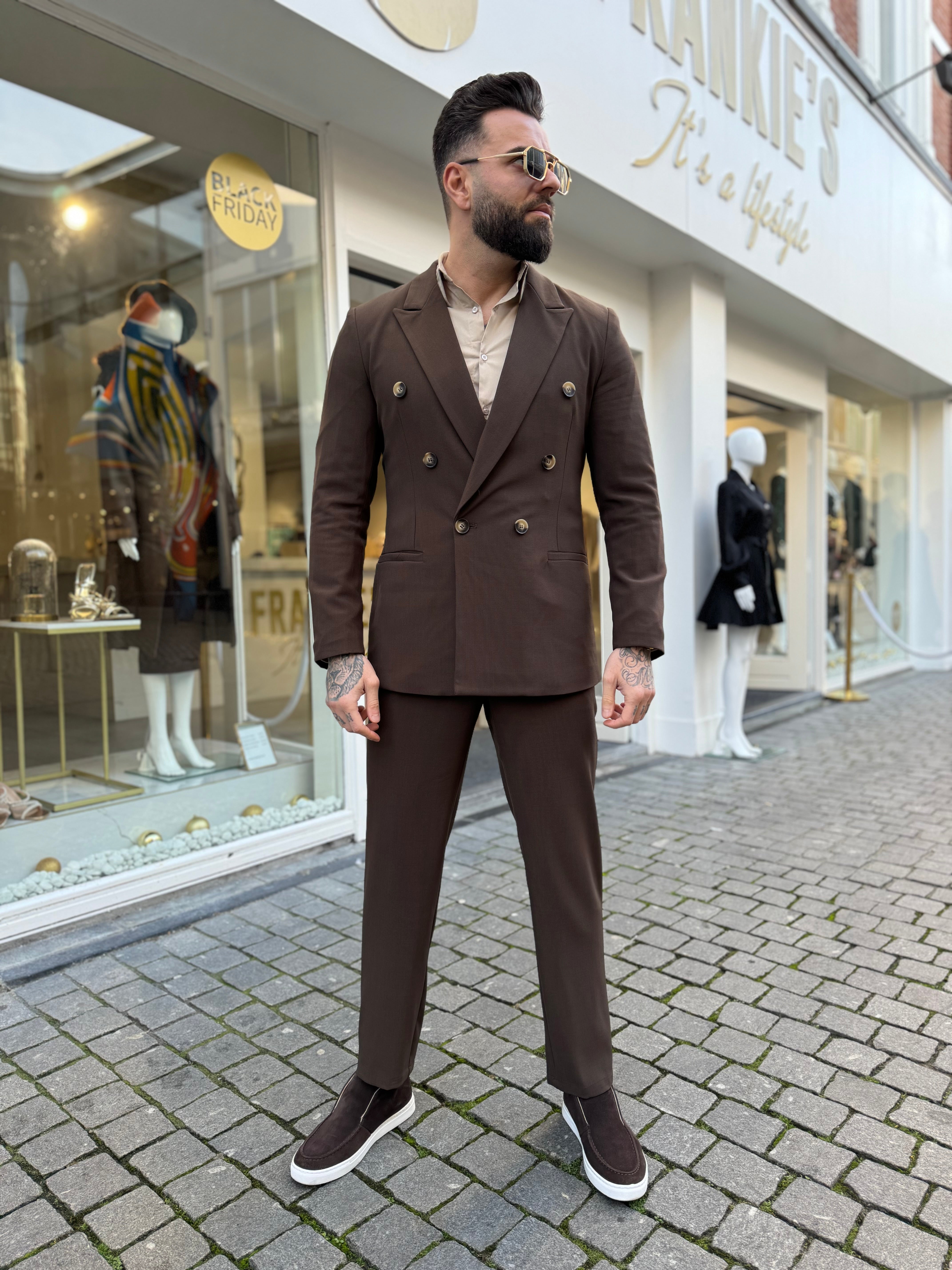 Suit double breasted two piece brown