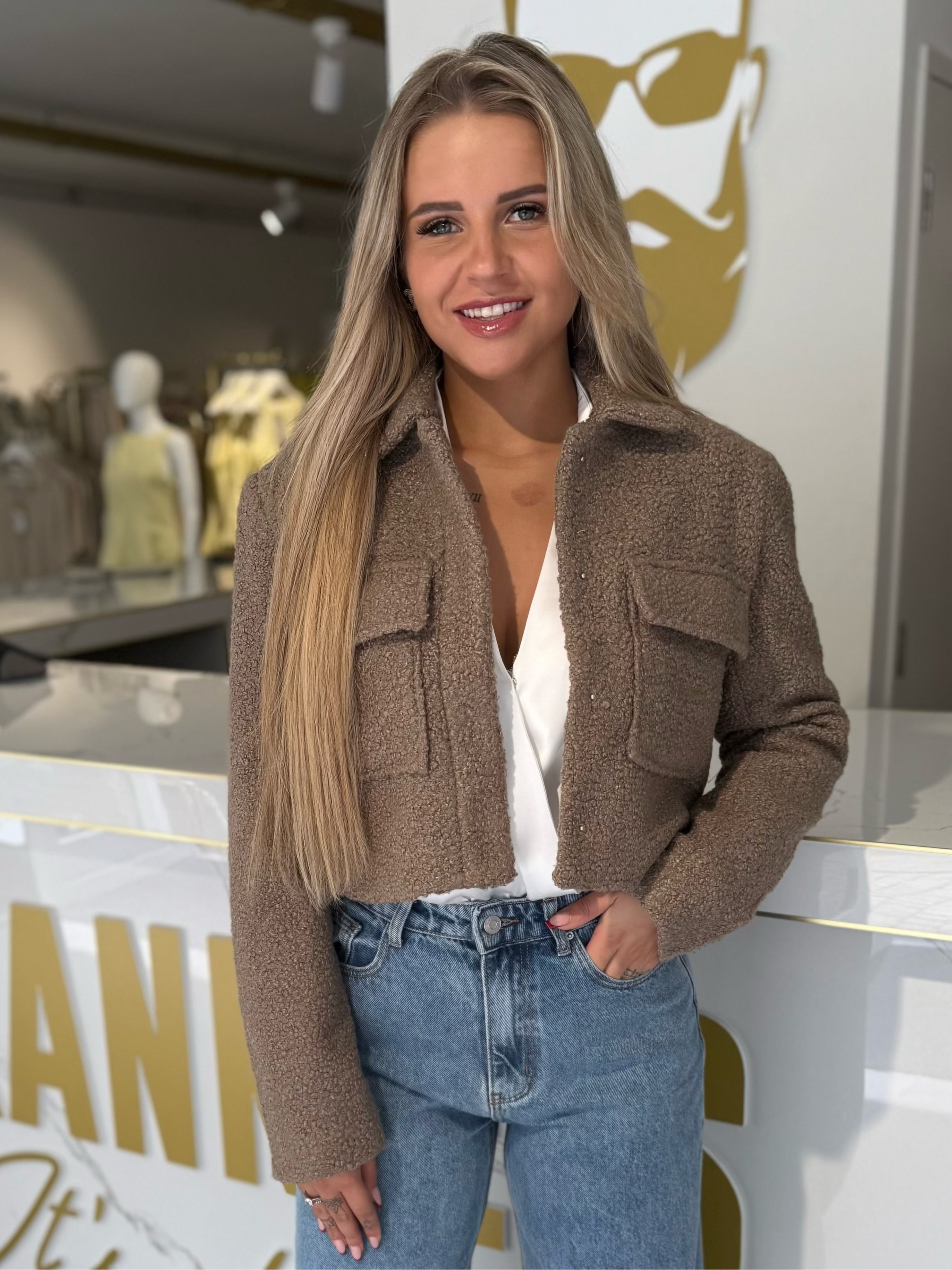 Cropped teddy jacket brown