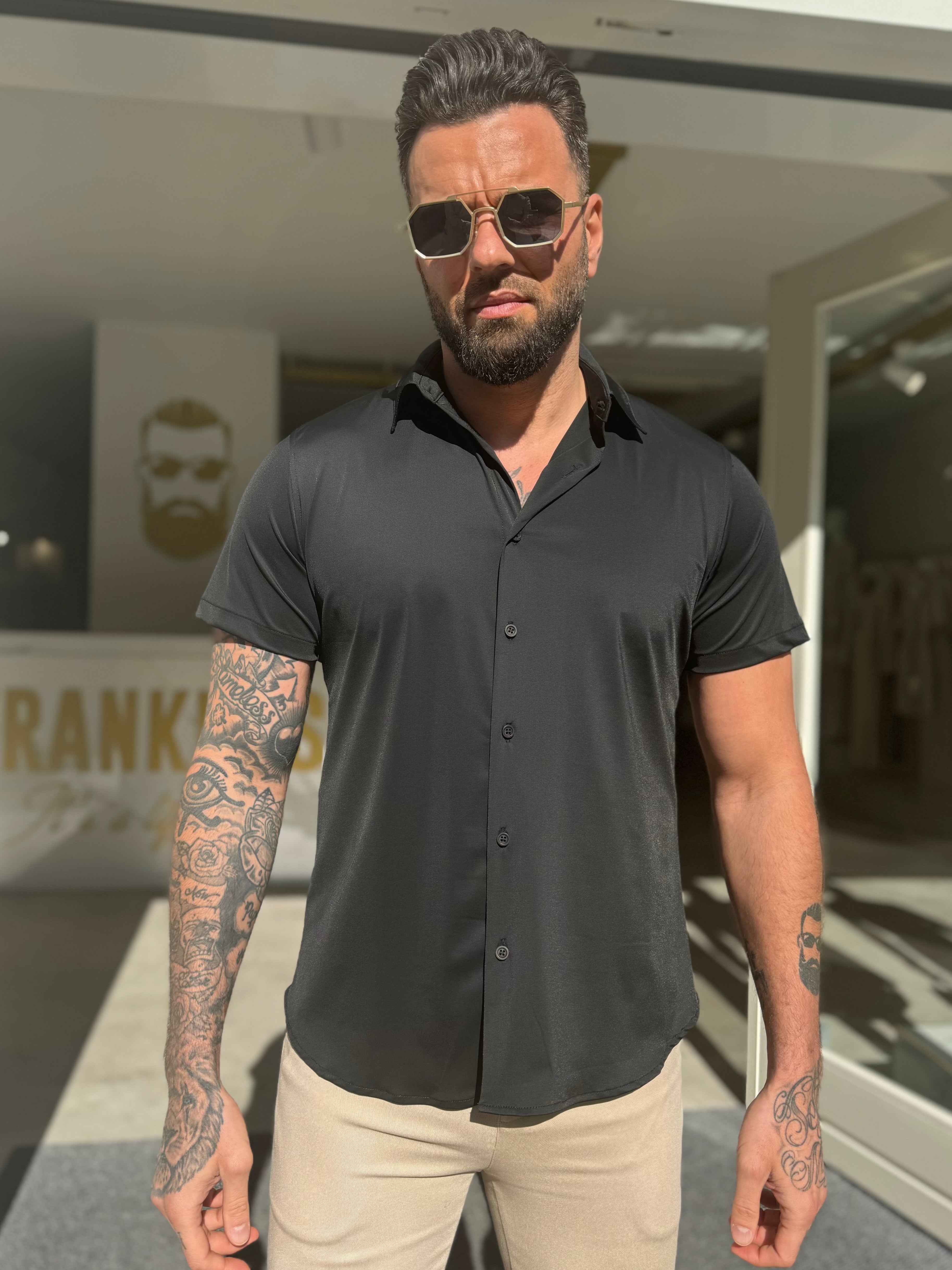 Satin super stretch shirt short sleeve black