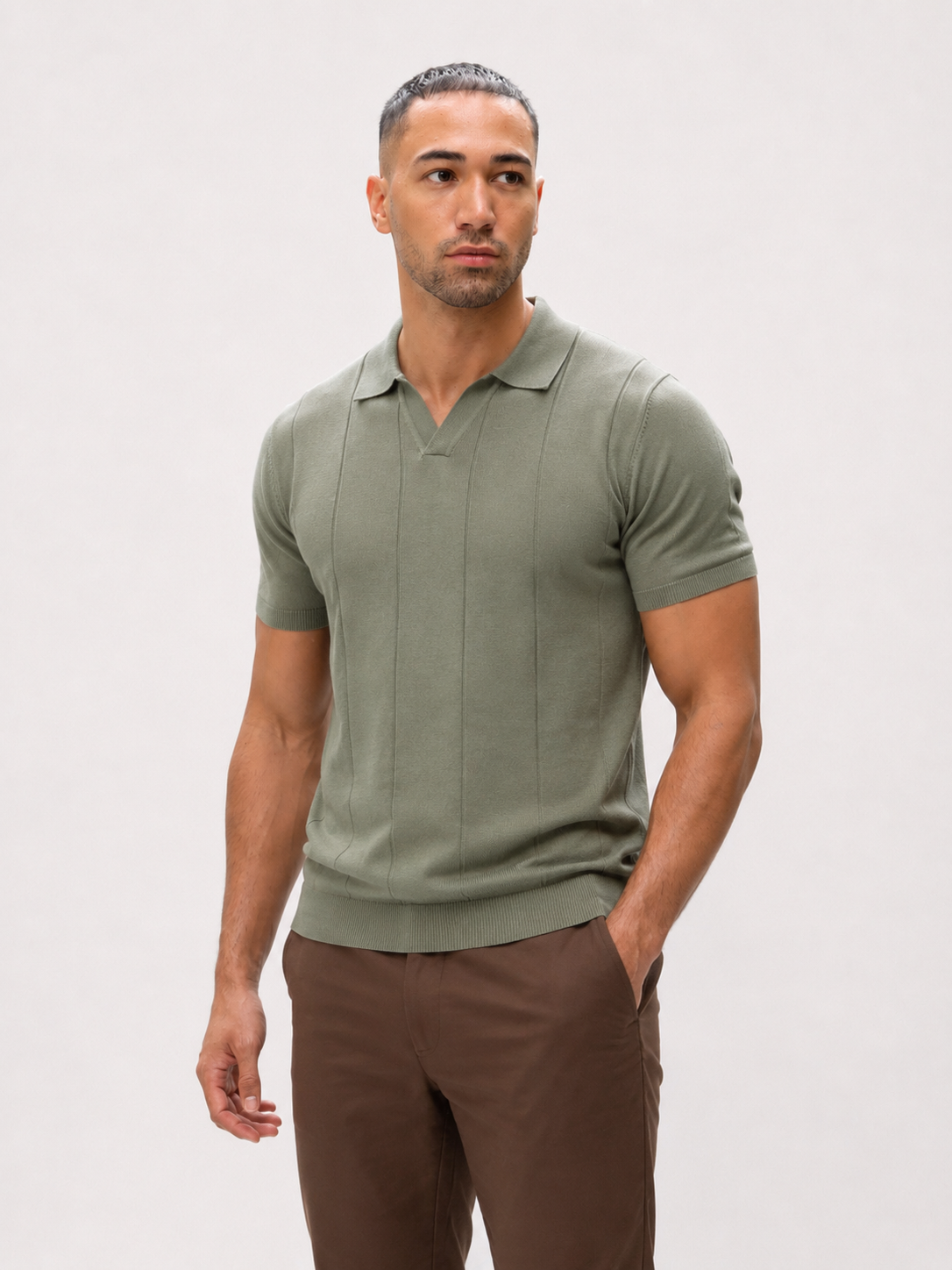 Polo à manches courtes en maille sans boutons, vert kaki