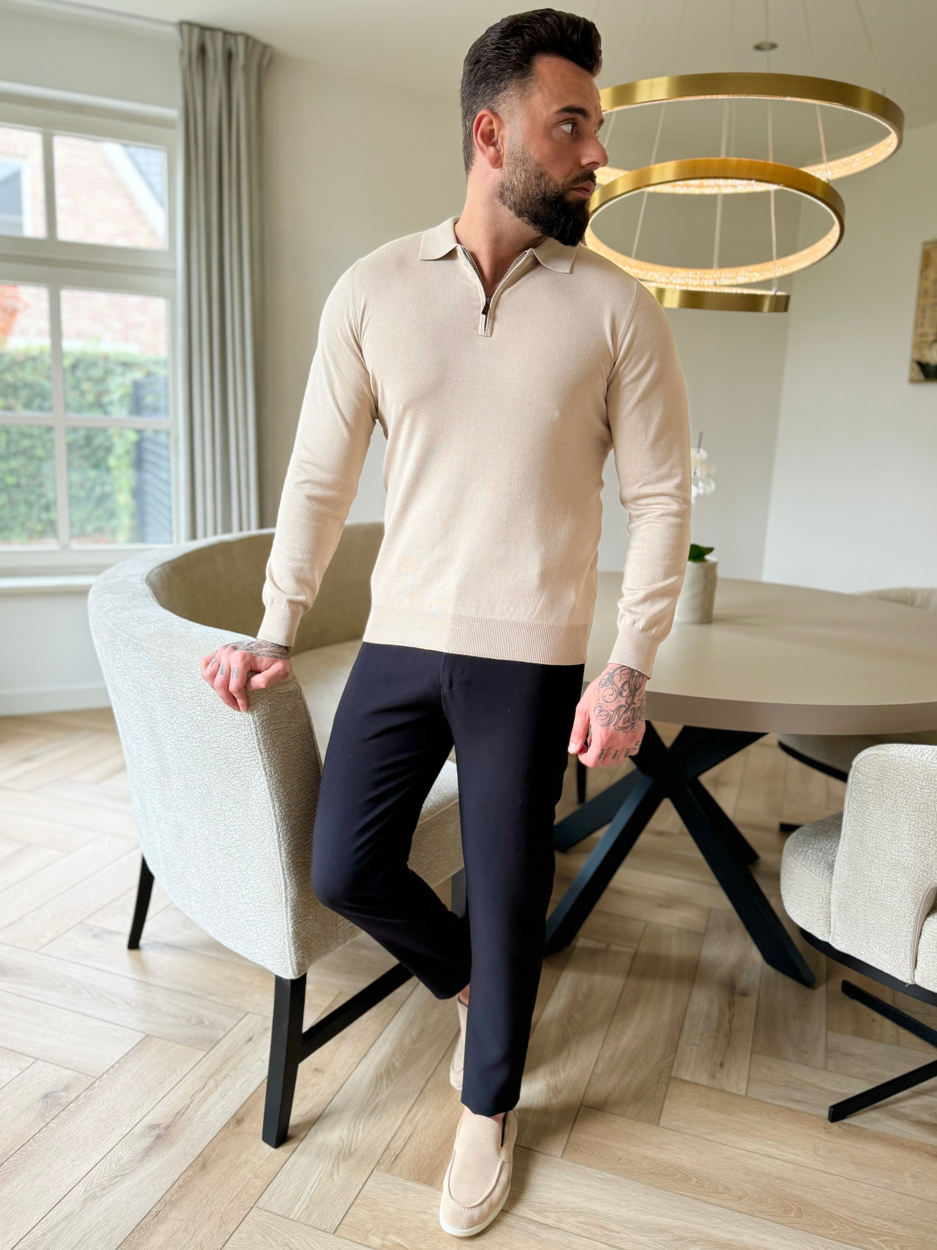 Polo knitwear long sleeve zipper beige