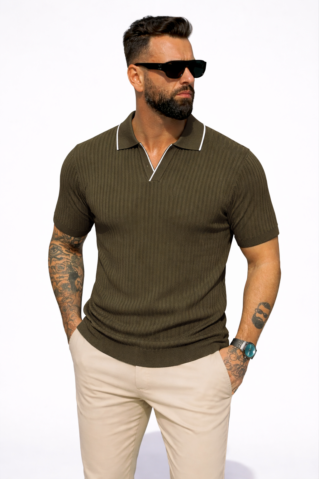 Naples Buttonless Rib Polo Khaki - Frankie's