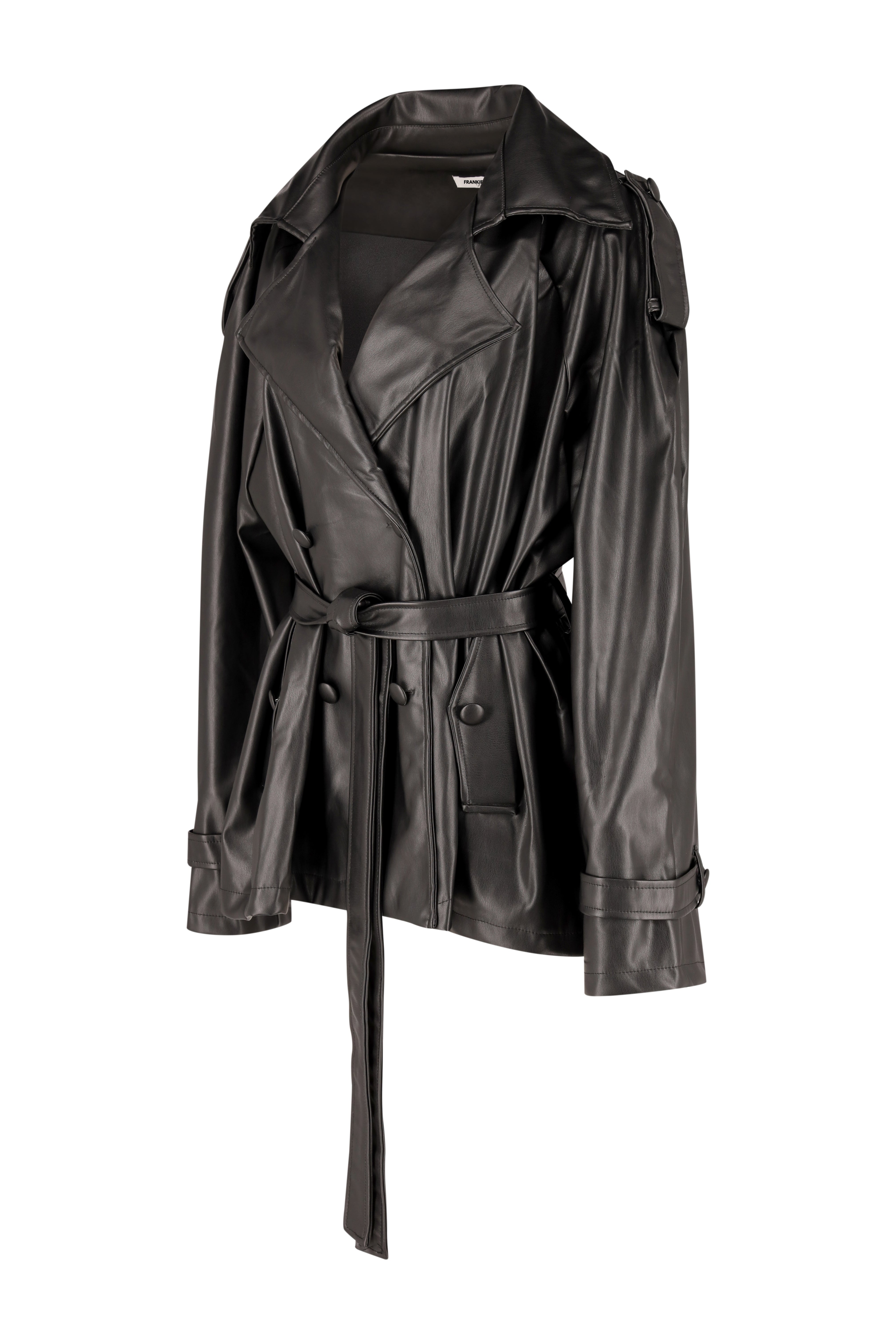 Belted Faux Leather DB Jacket - Black