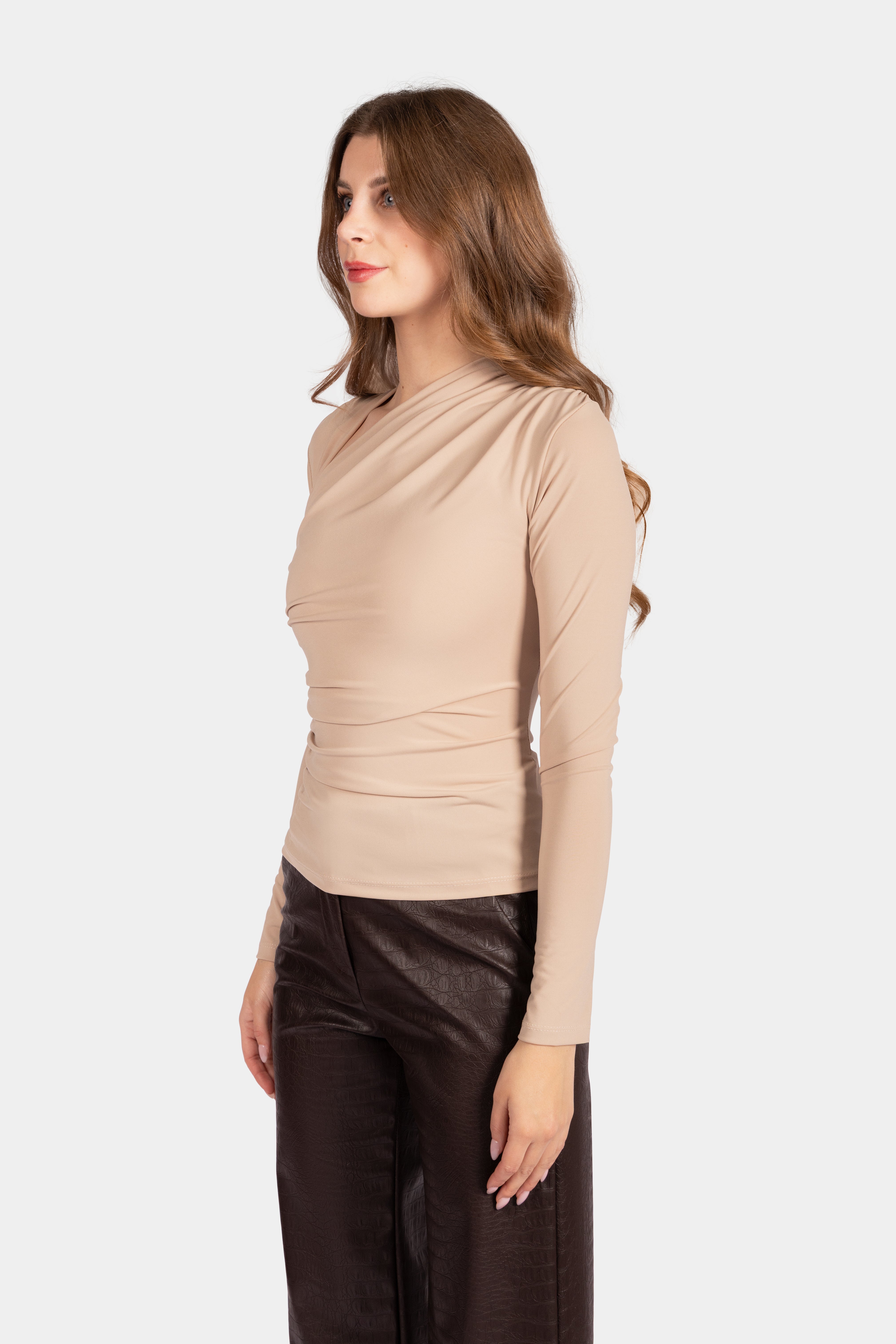 Long sleeve top with ruching neck - Beige