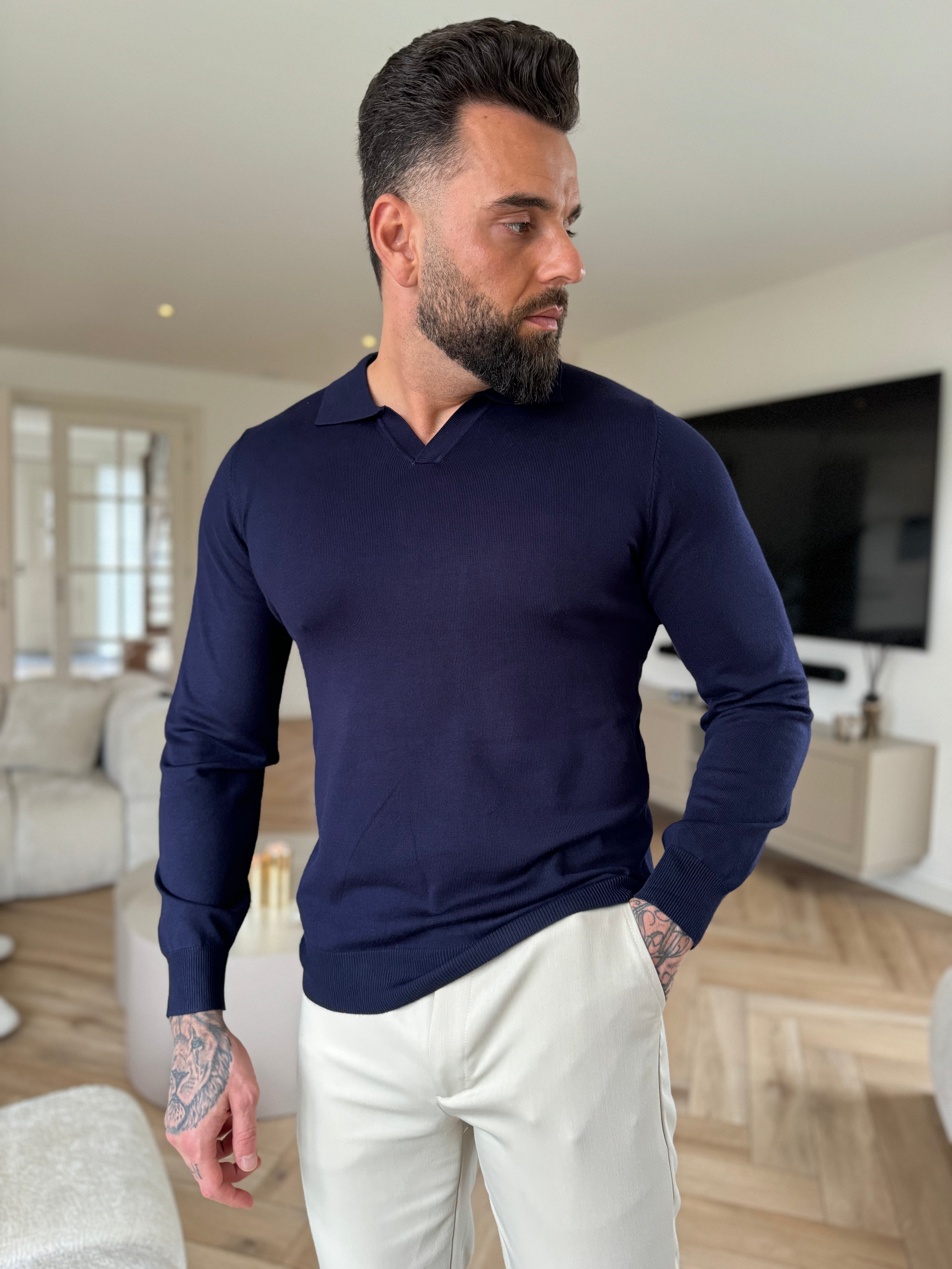 Polo-Strickpullover mit langen Ärmeln in Marineblau