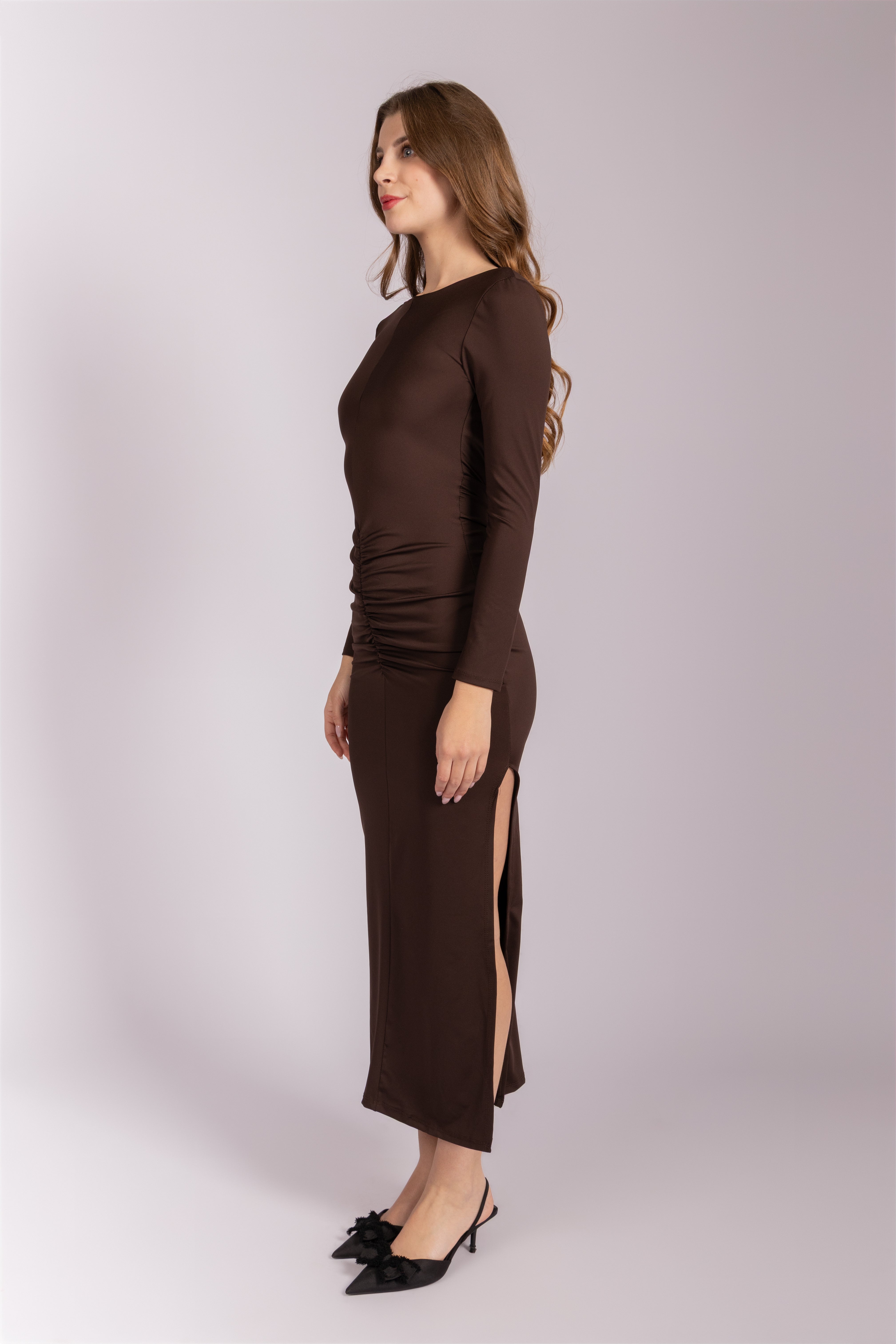 Long sleeve fitted dress - Brown