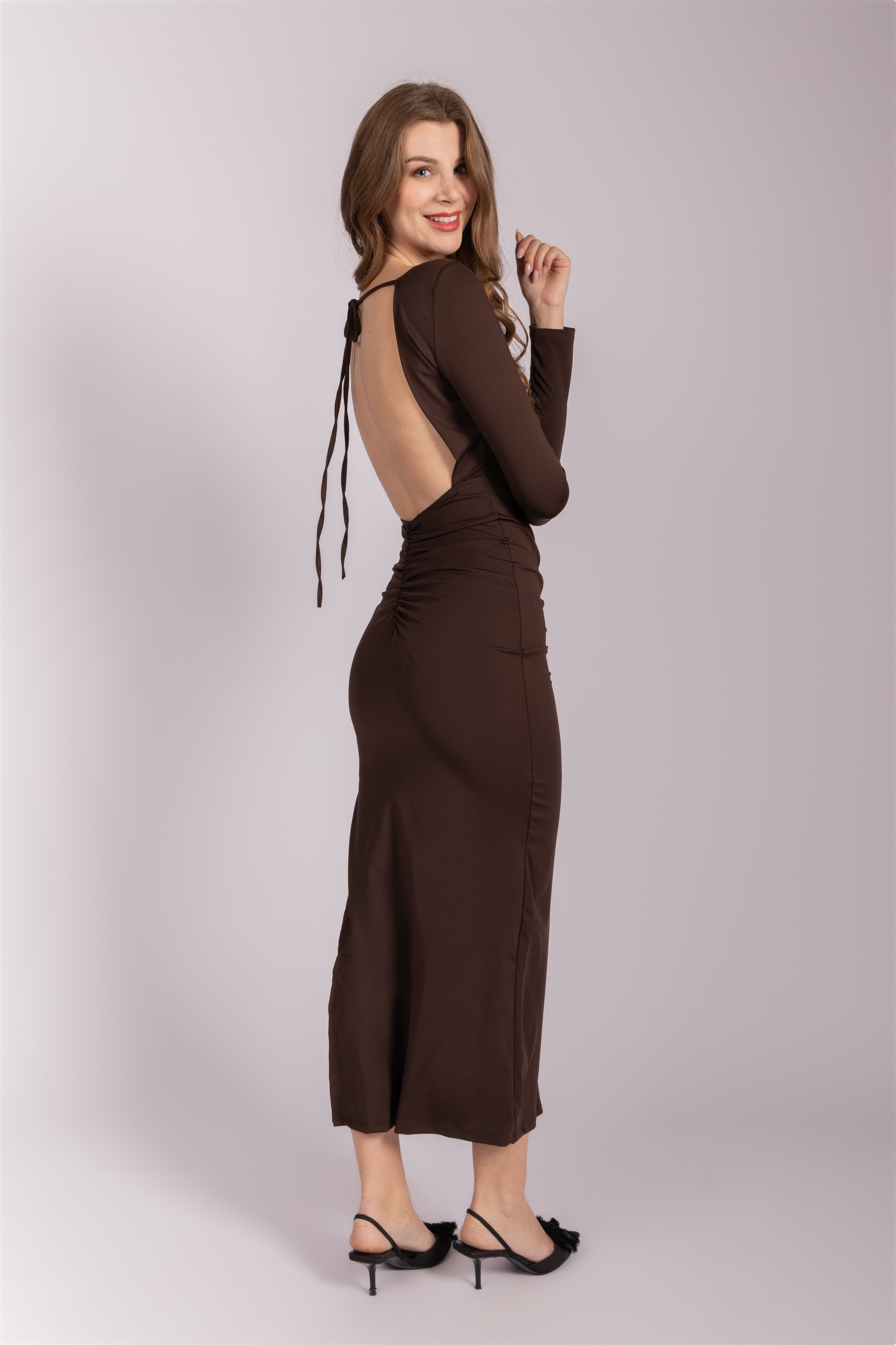 Long sleeve fitted dress - Brown