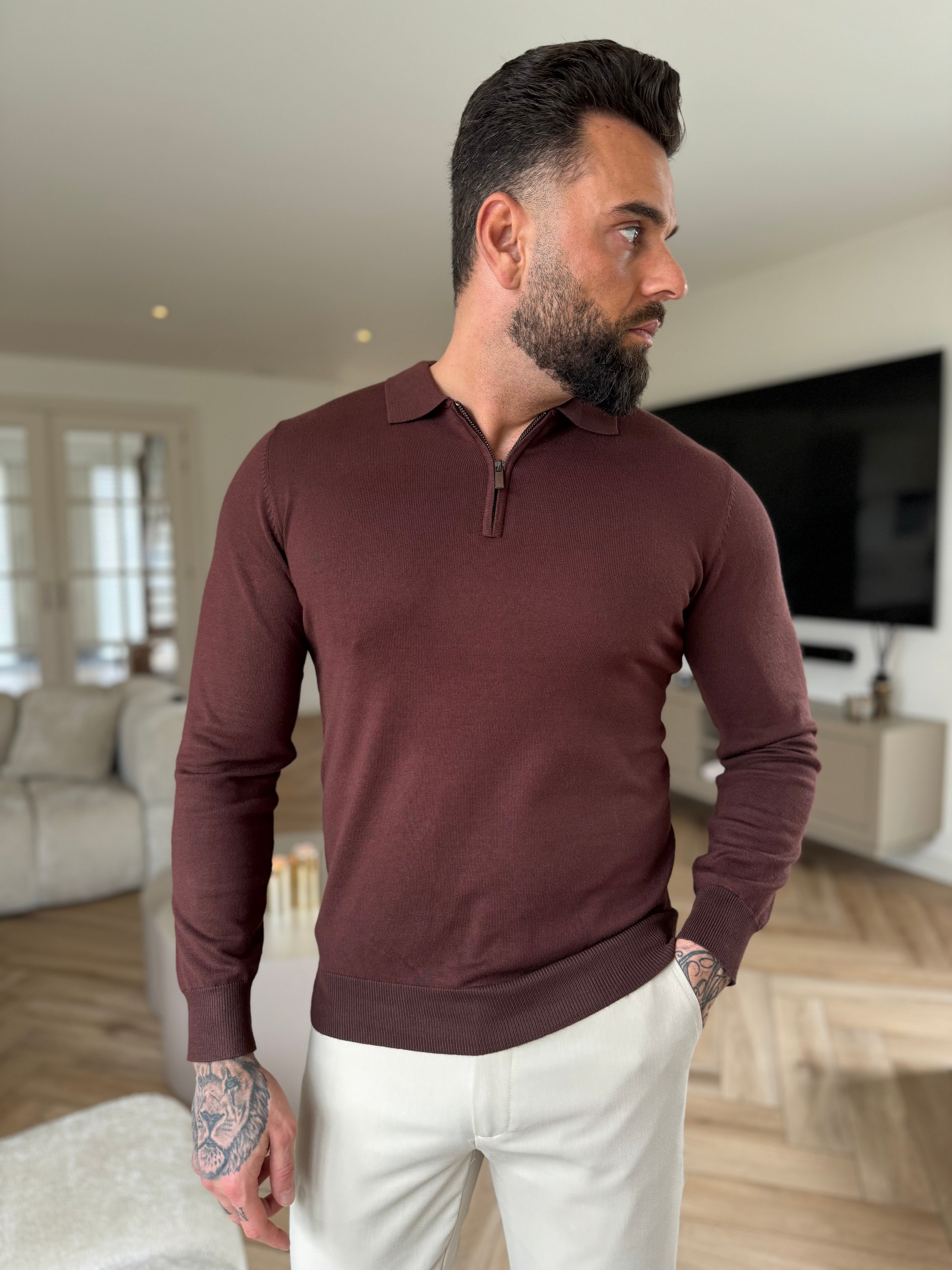 Polo knitwear long sleeve zipper brown