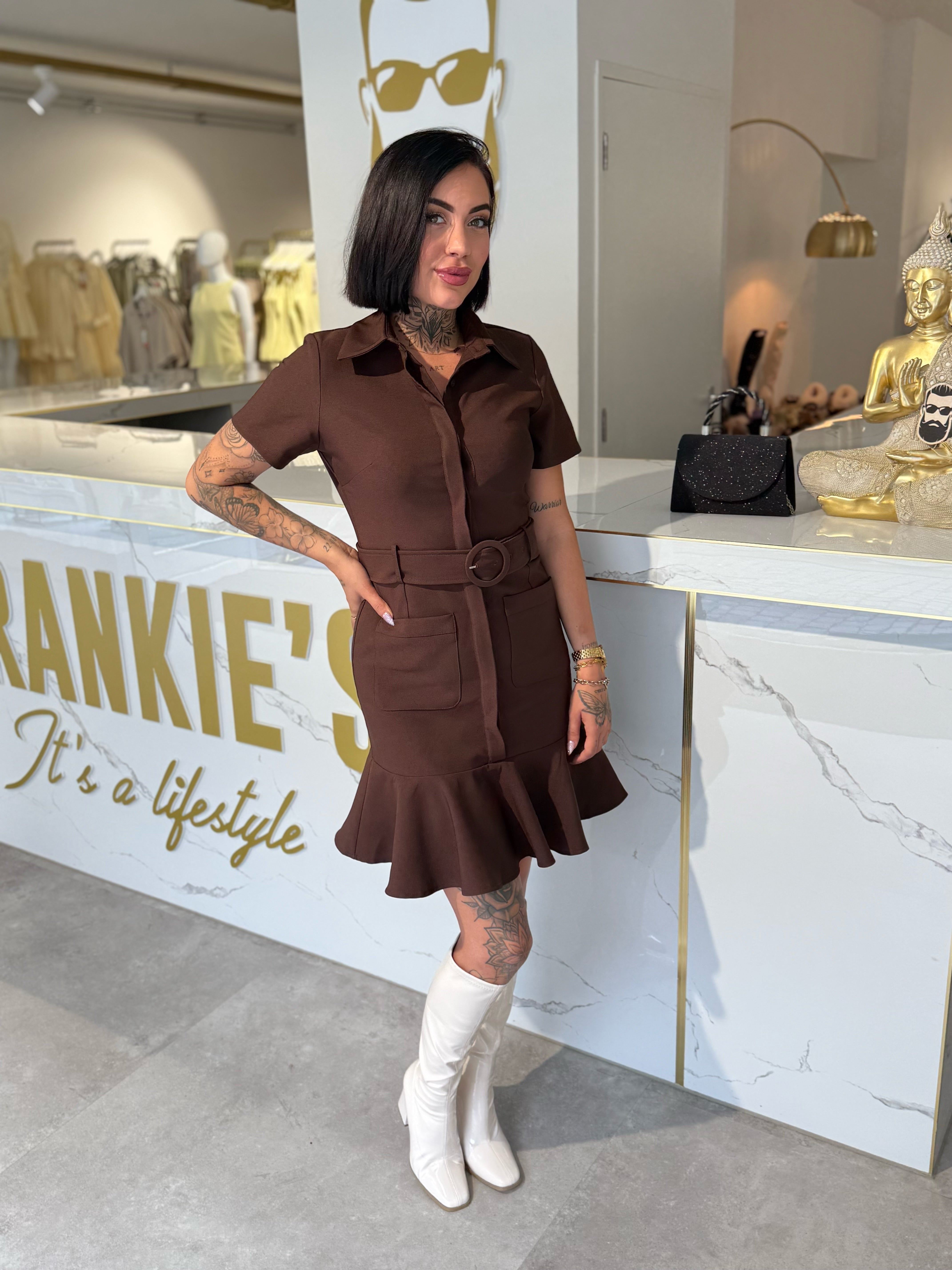 Short Sleeve Belted Dress Brown