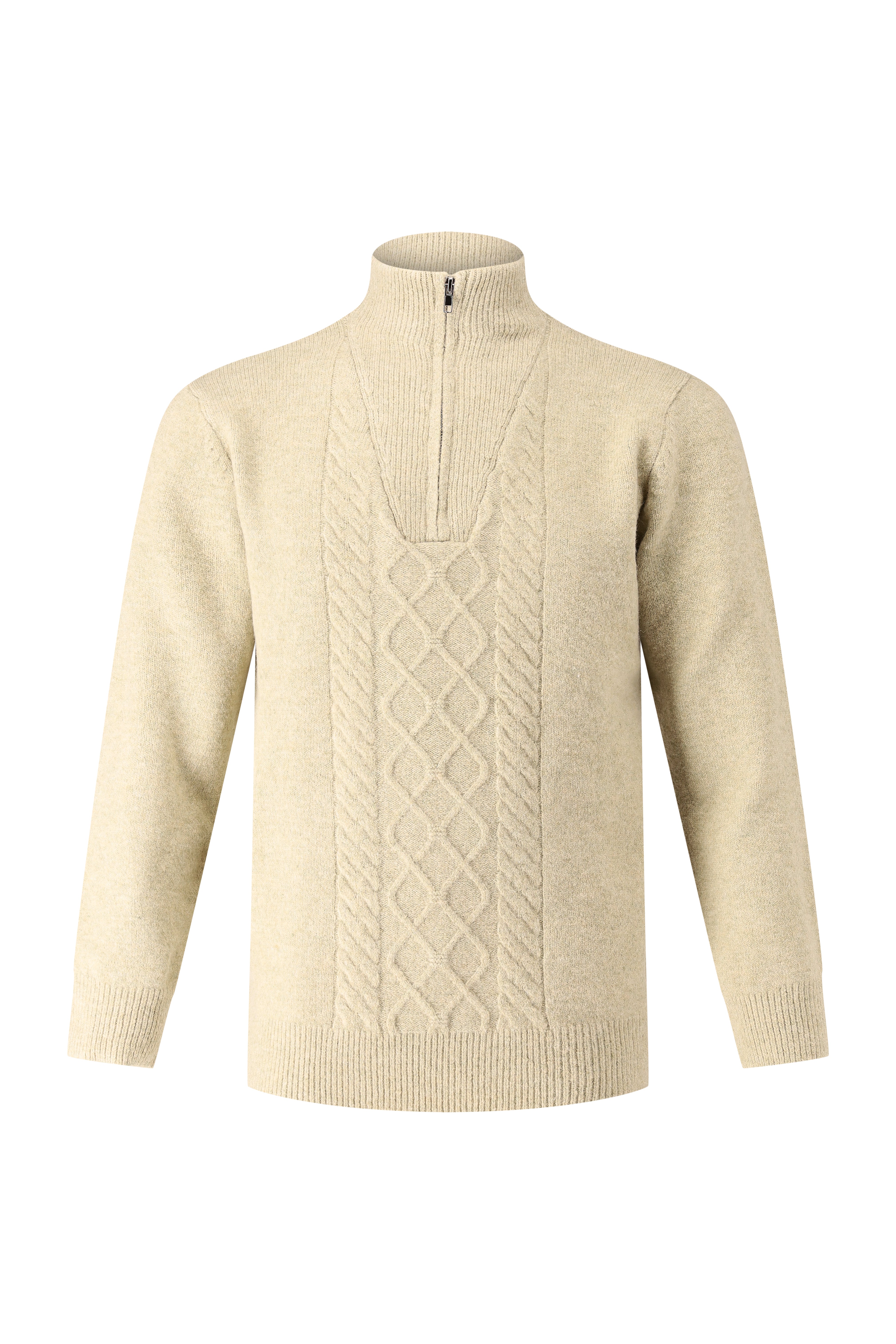Quarter Zip Funnel-Neck Knitwear, With Diamond Design - Beige