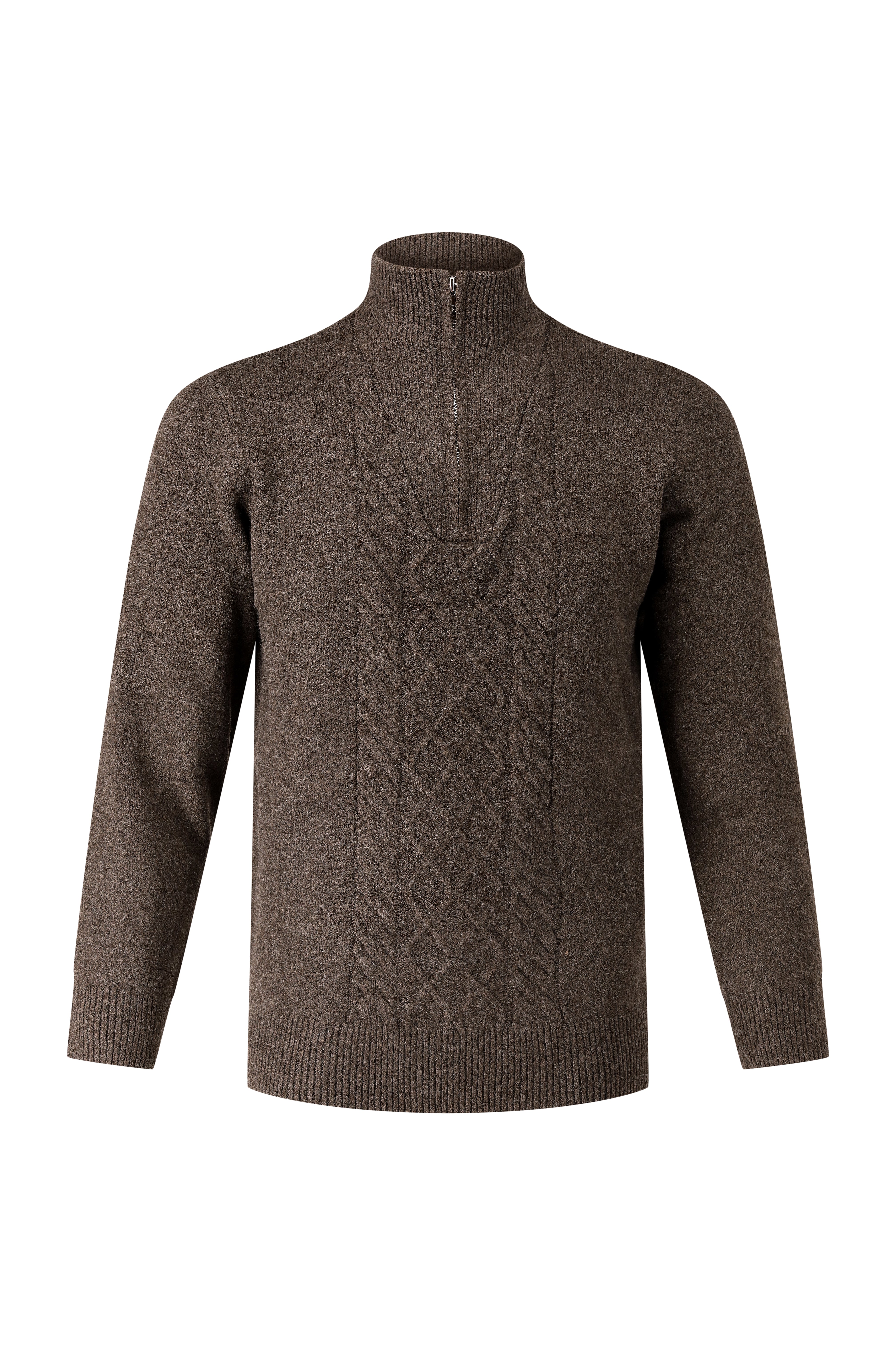 Quarter Zip Funnel-Neck Knitwear, With Diamond Design - Brown
