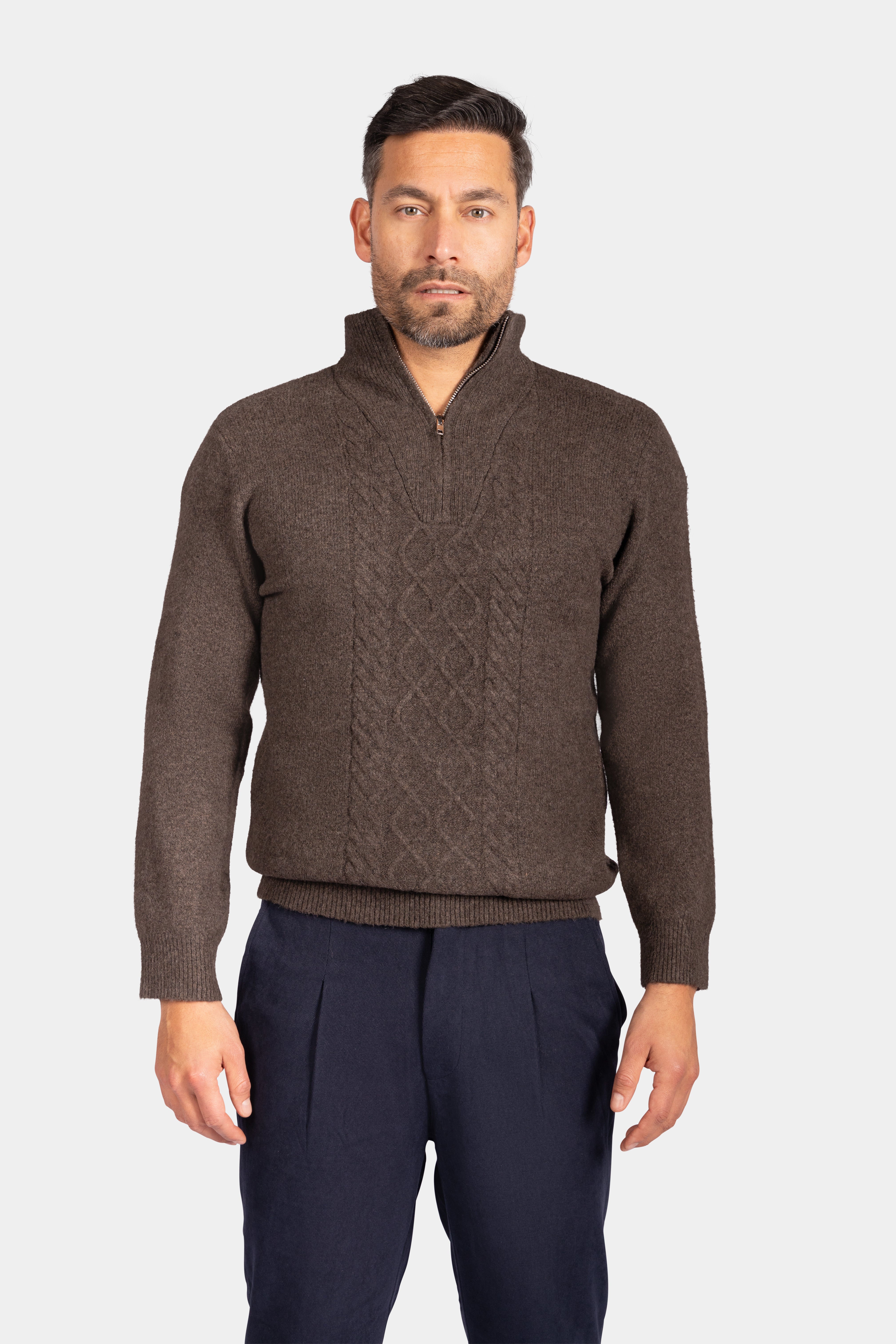 Quarter Zip Funnel-Neck Knitwear, With Diamond Design - Brown