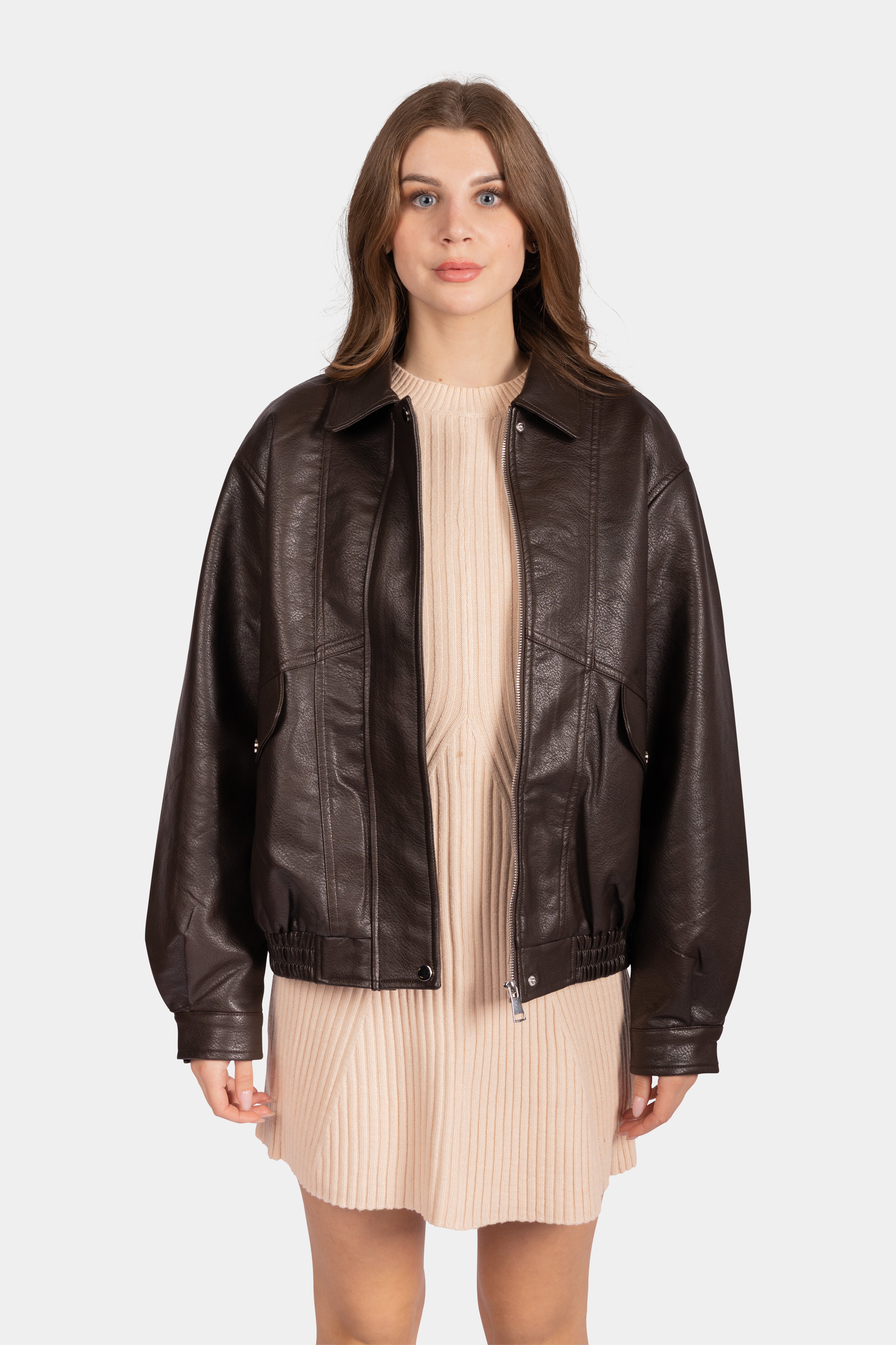 Leather Zip Through Jacket - Brown
