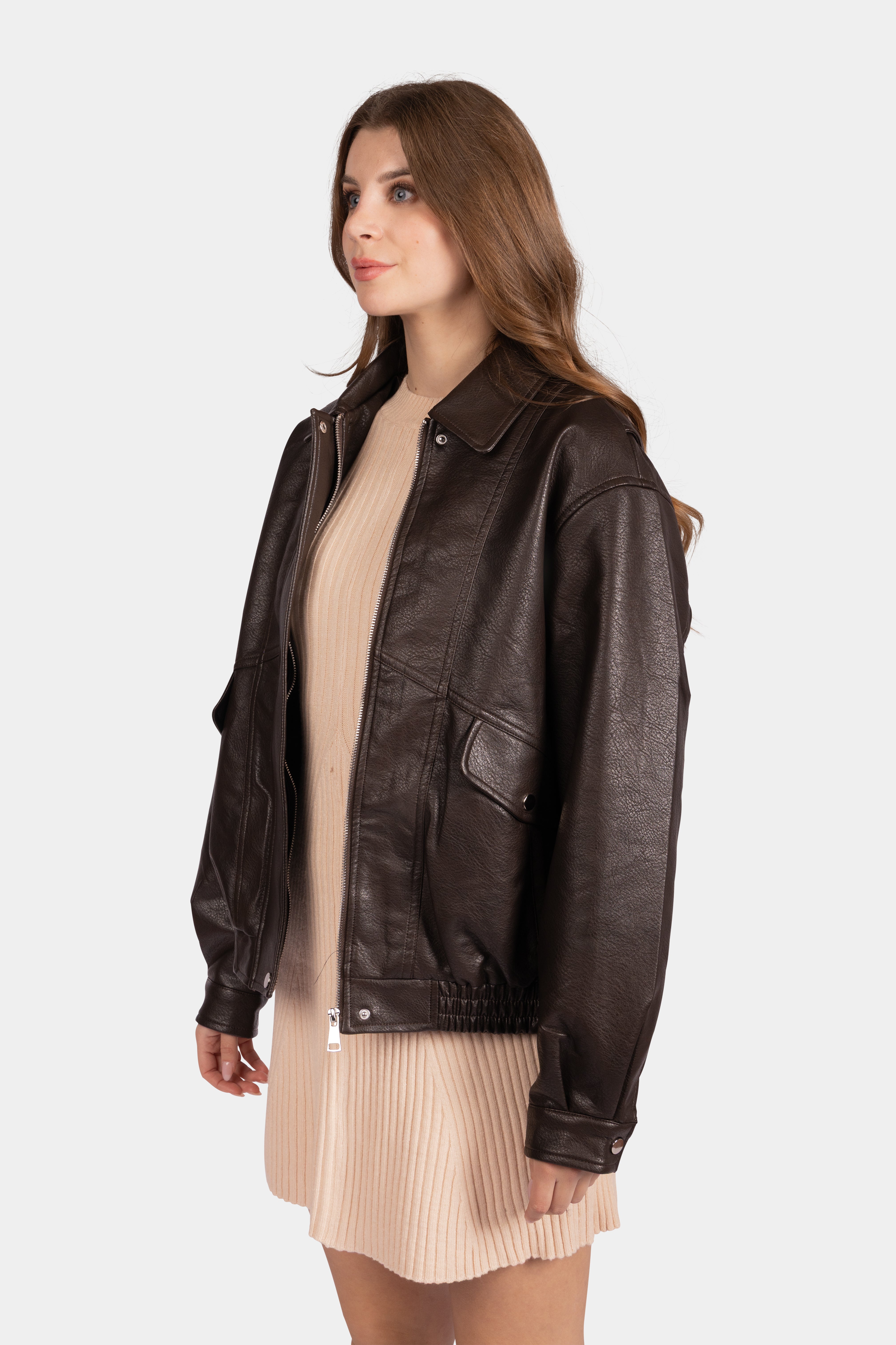 Leather Zip Through Jacket - Brown
