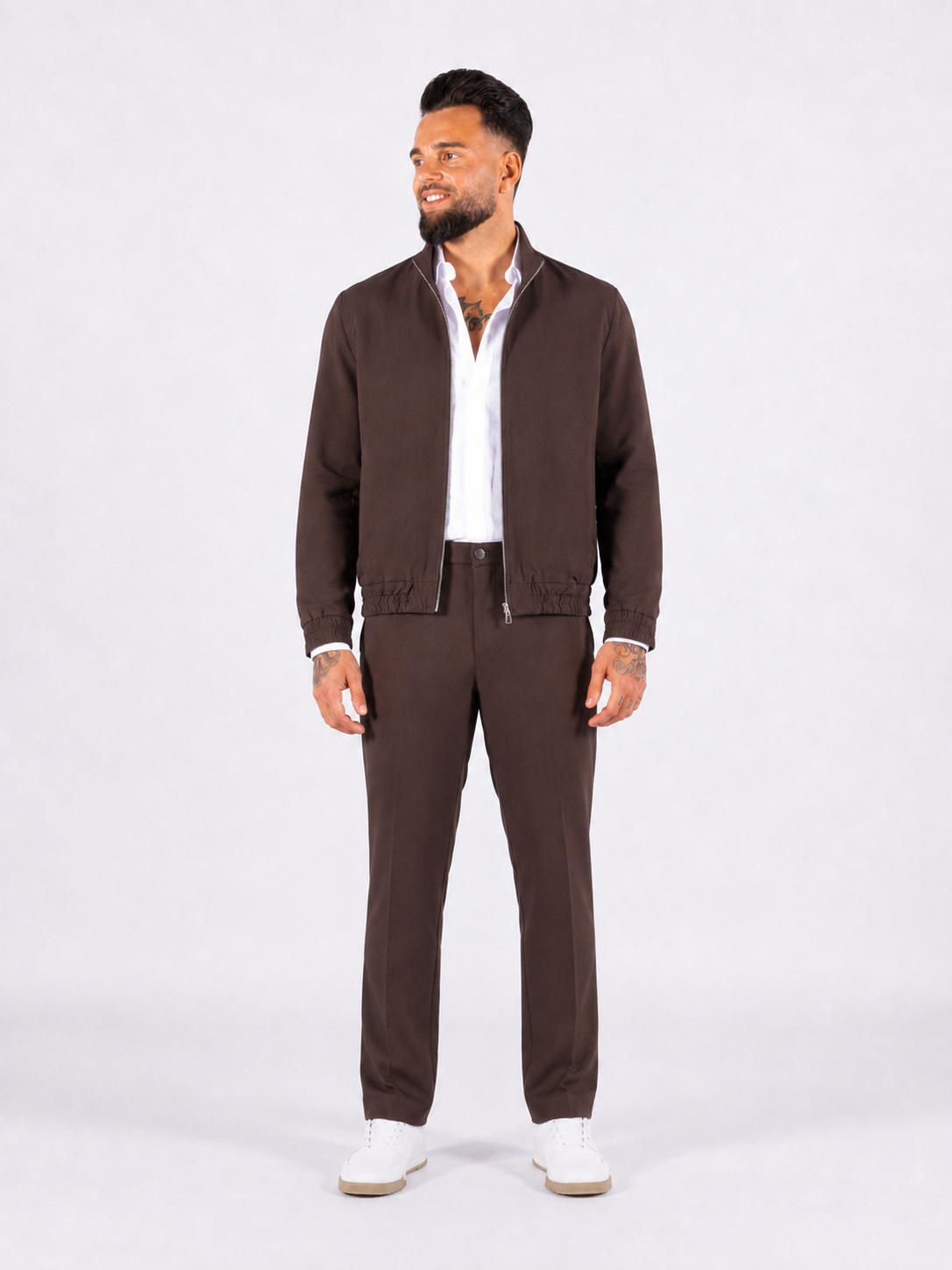 Zip-Up Jacket and Pantalon Set - Brown