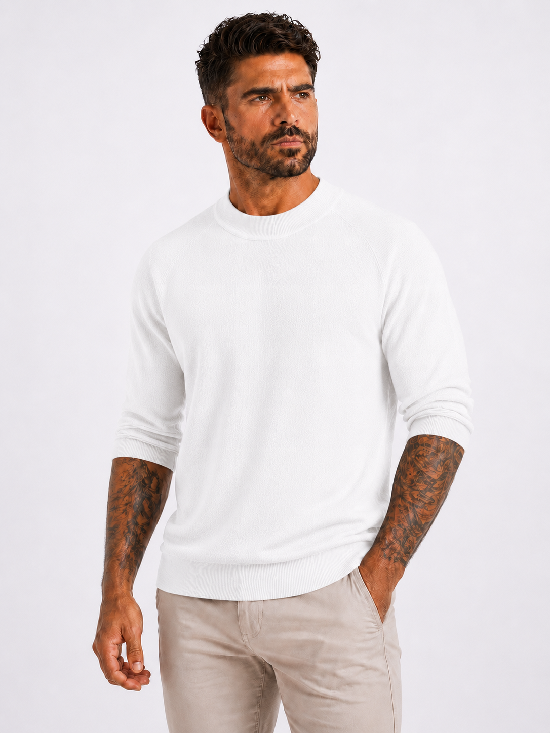 Crewneck Knitwear, Plain with Raglan Sleeve - White