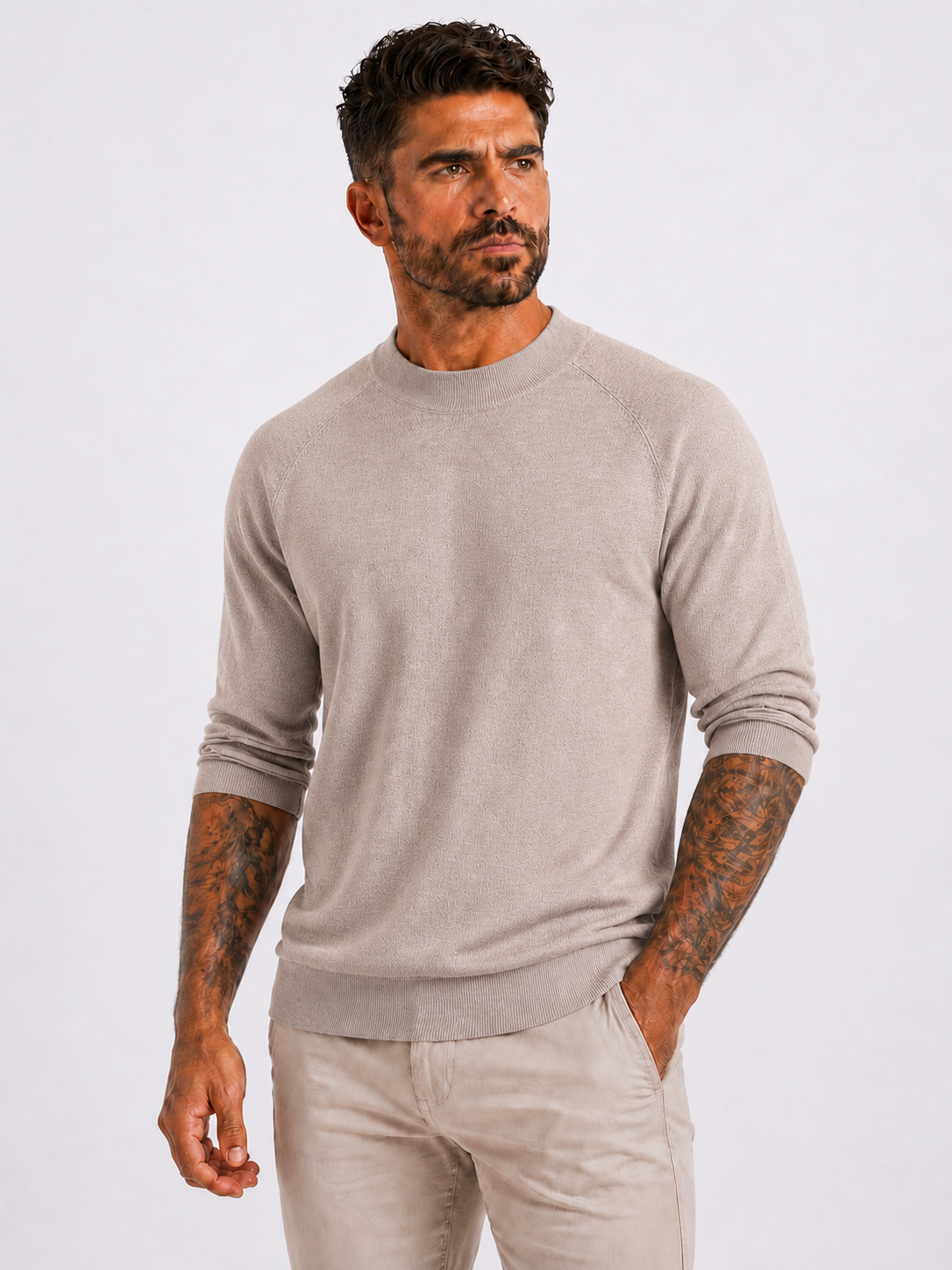 Crewneck Knitwear, Plain with Raglan Sleeve - Light Brown