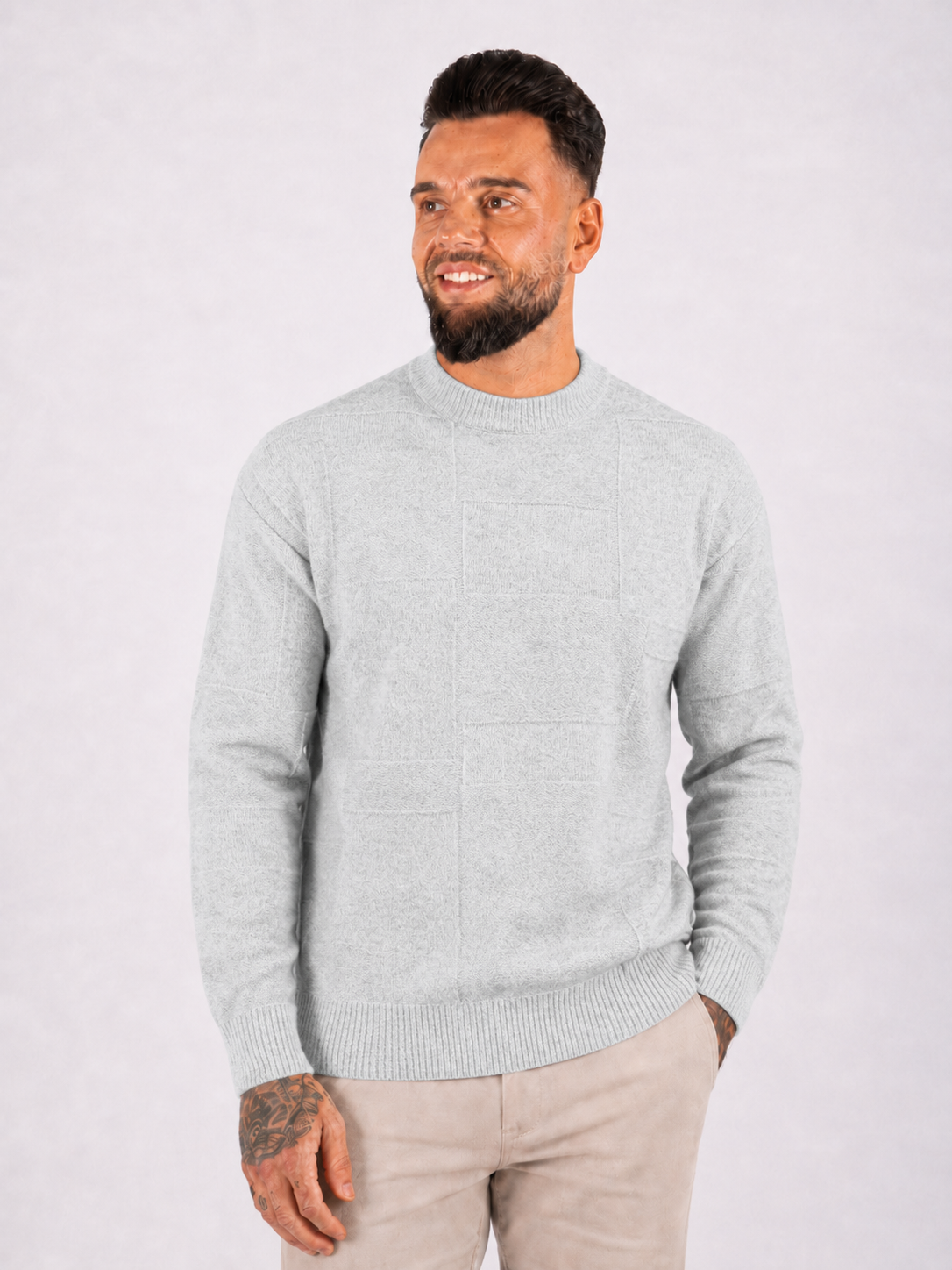Crewneck Knitwear, Self Block Pattern - Grey