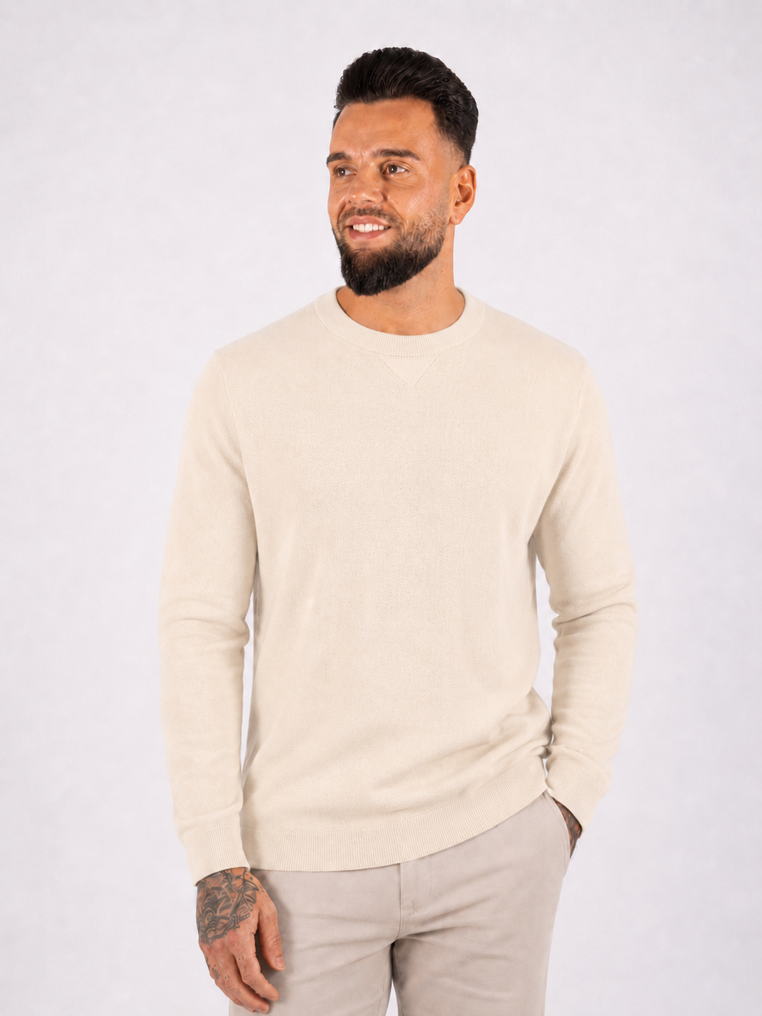 Crewneck Knitwear, Plain - Beige