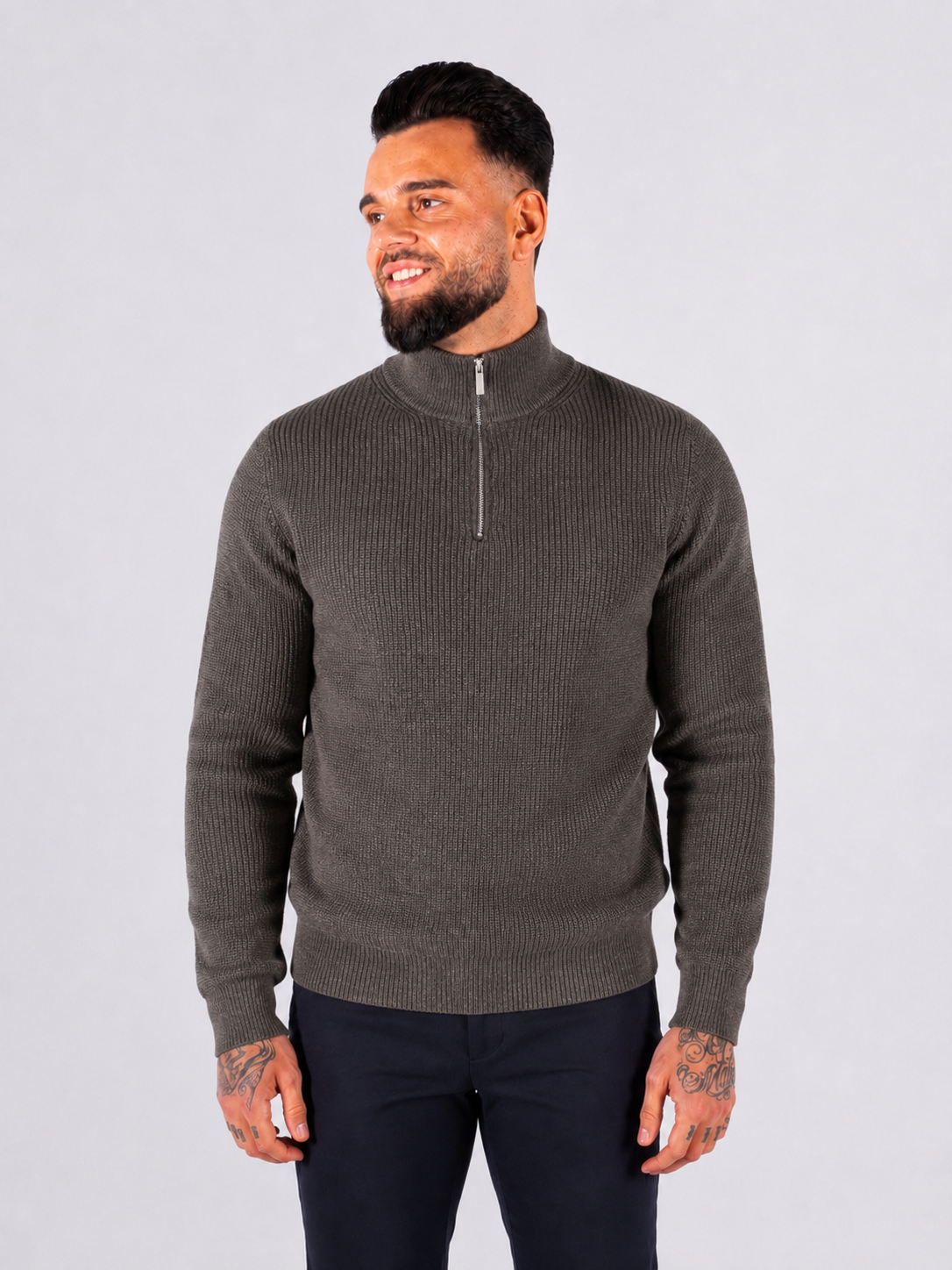 Quarter Zip Funnel Neck, Rib Knitwear - Brown