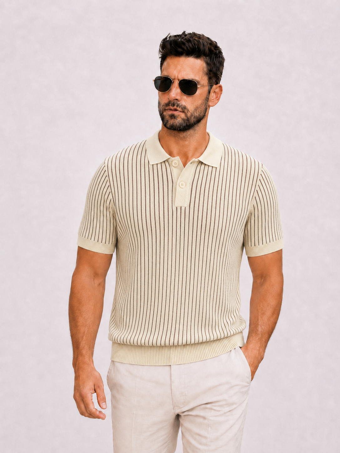 Polo short sleeve button rib beige