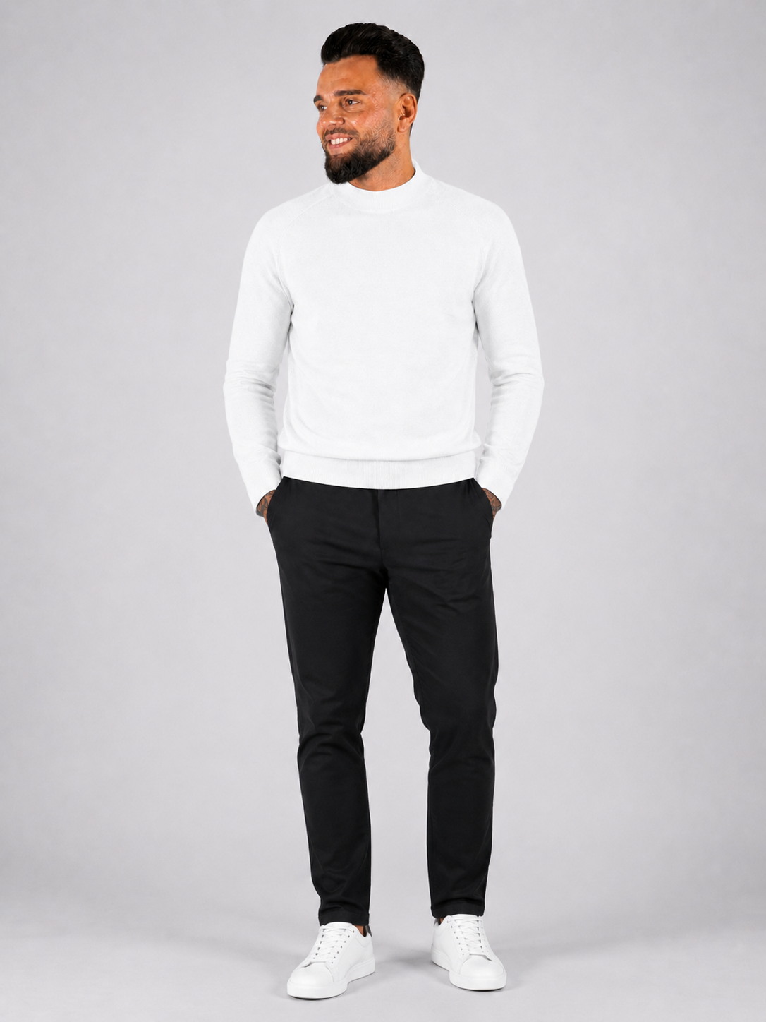 Crewneck Knitwear, Plain with Raglan Sleeve - White - Frankie's