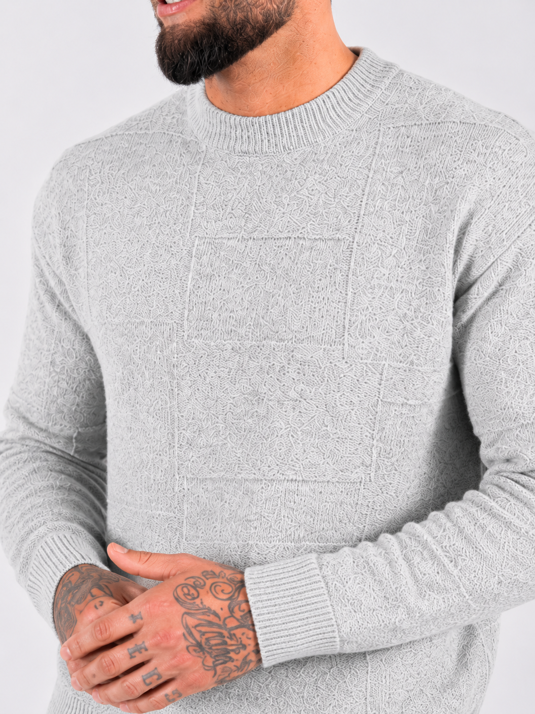 Crewneck Knitwear, Self Block Pattern - Grey - Frankie's