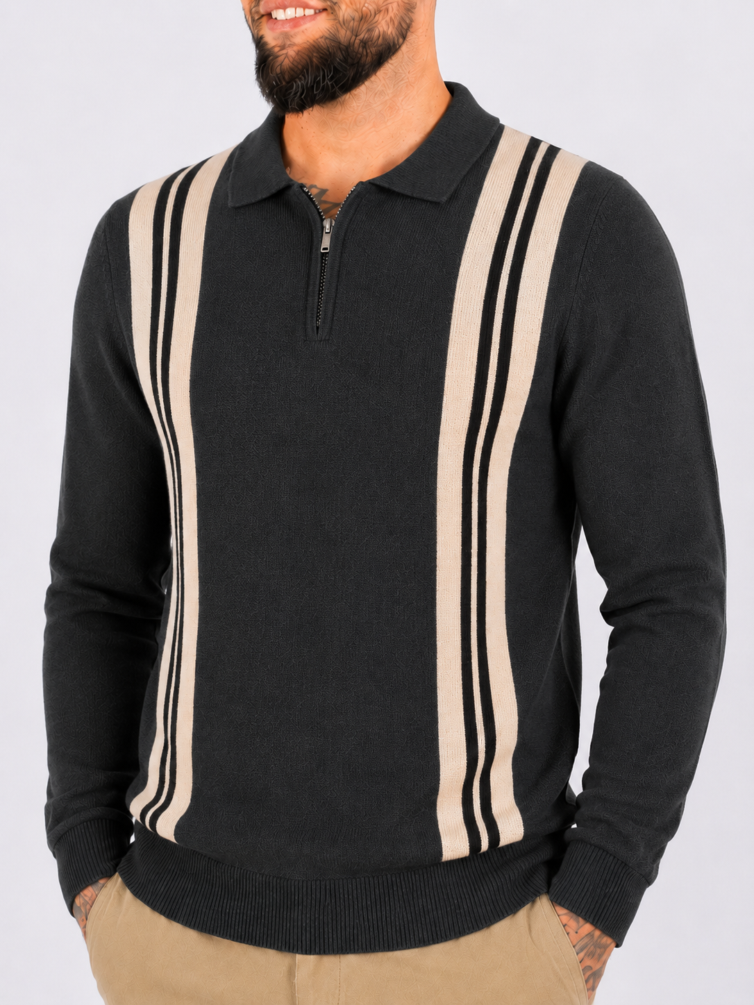 Collar V-Neck Knitwear, Colour Block Stripe Detail - Black - Frankie's