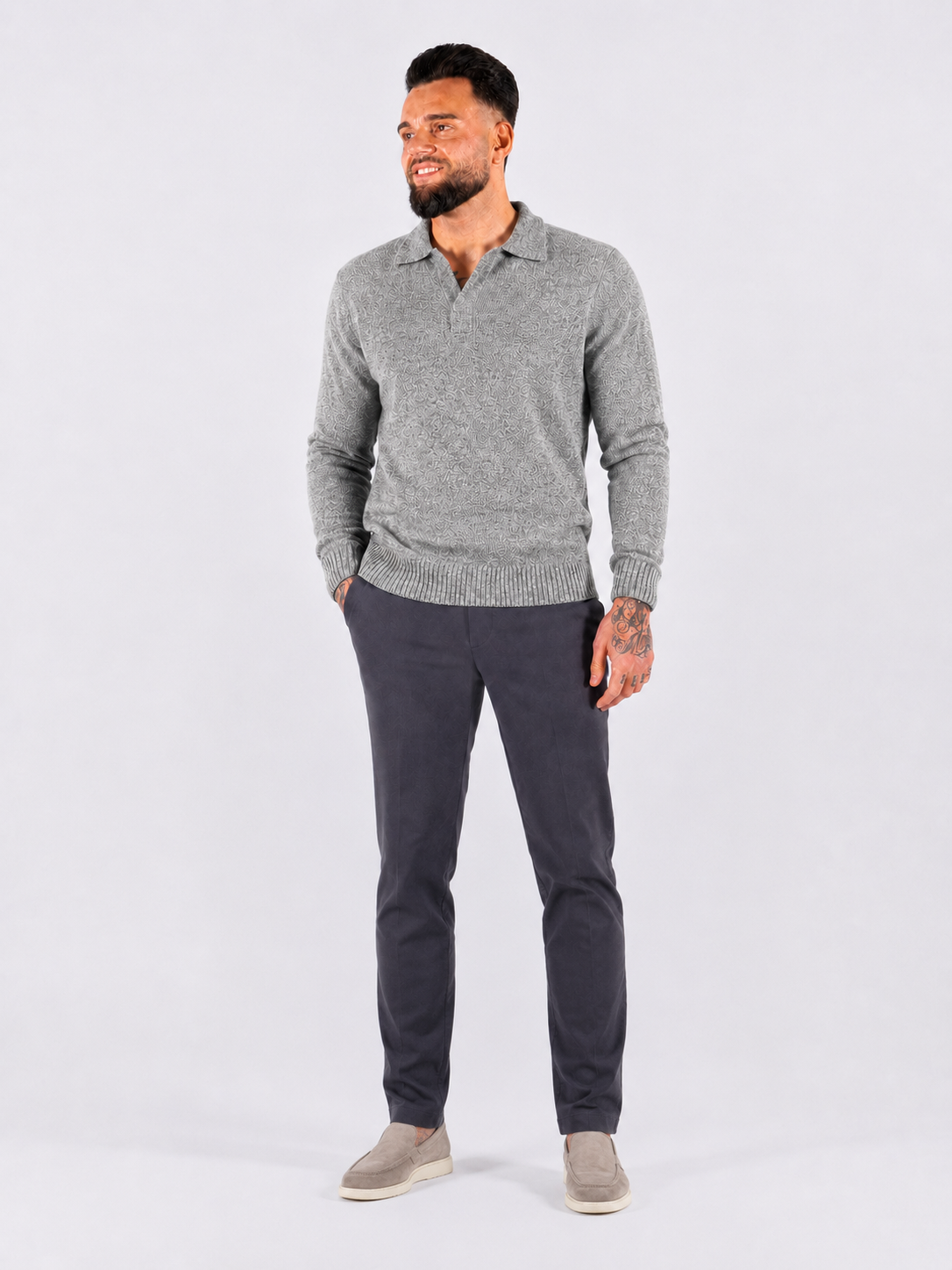 Collar V-Neck Knitwear - Light Grey - Frankie's