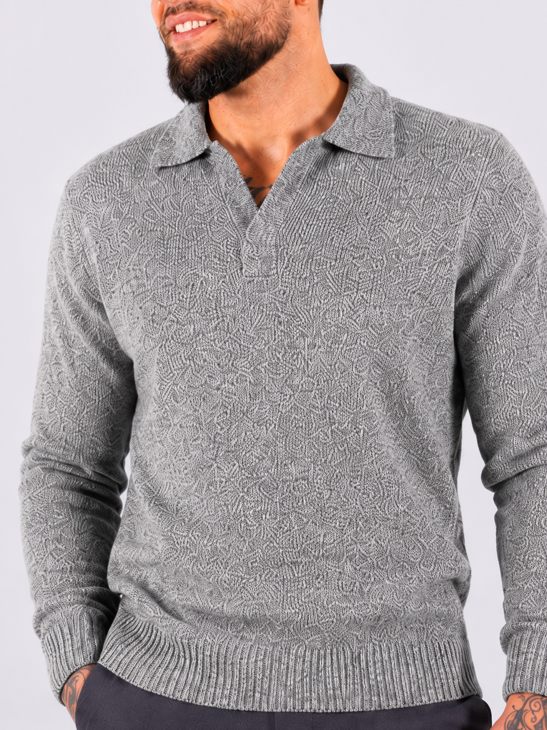 Collar V-Neck Knitwear - Light Grey - Frankie's