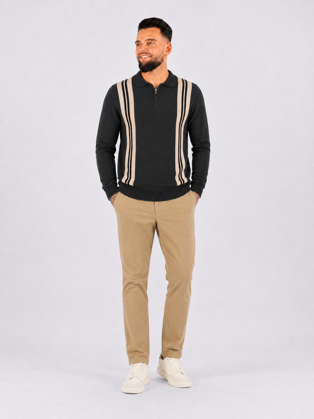 Collar V-Neck Knitwear, Colour Block Stripe Detail - Black - Frankie's