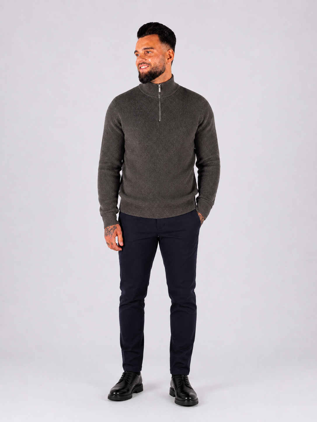Quarter Zip Funnel Neck, Rib Knitwear - Brown - Frankie's