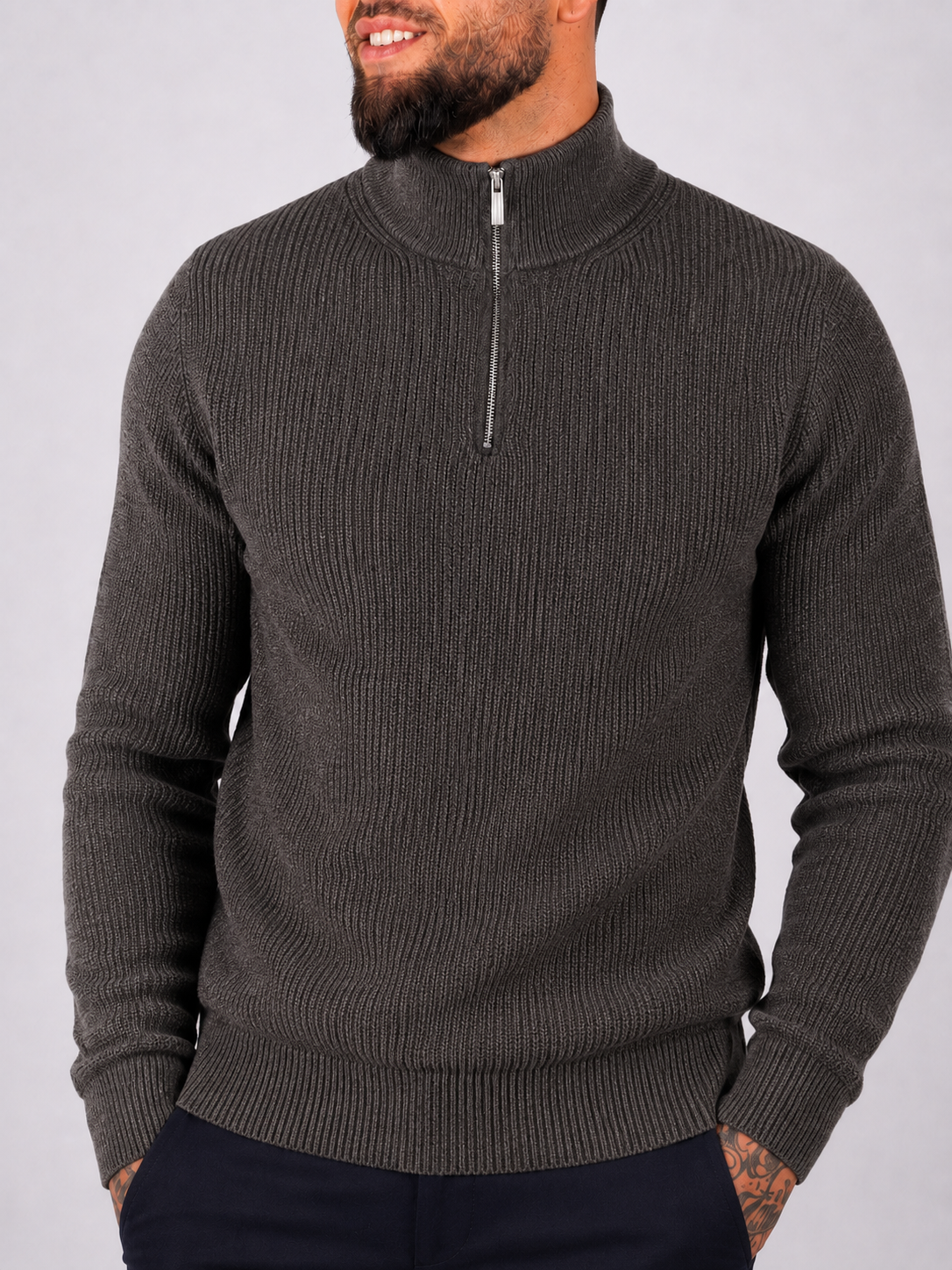 Quarter Zip Funnel Neck, Rib Knitwear - Brown - Frankie's