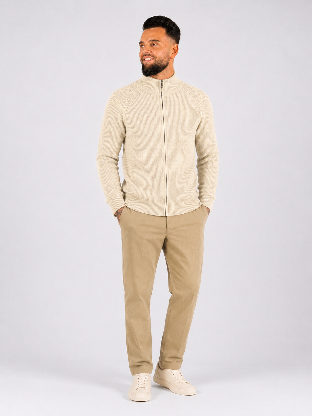 Zip Through Rib Knitwear - Beige - Frankie's
