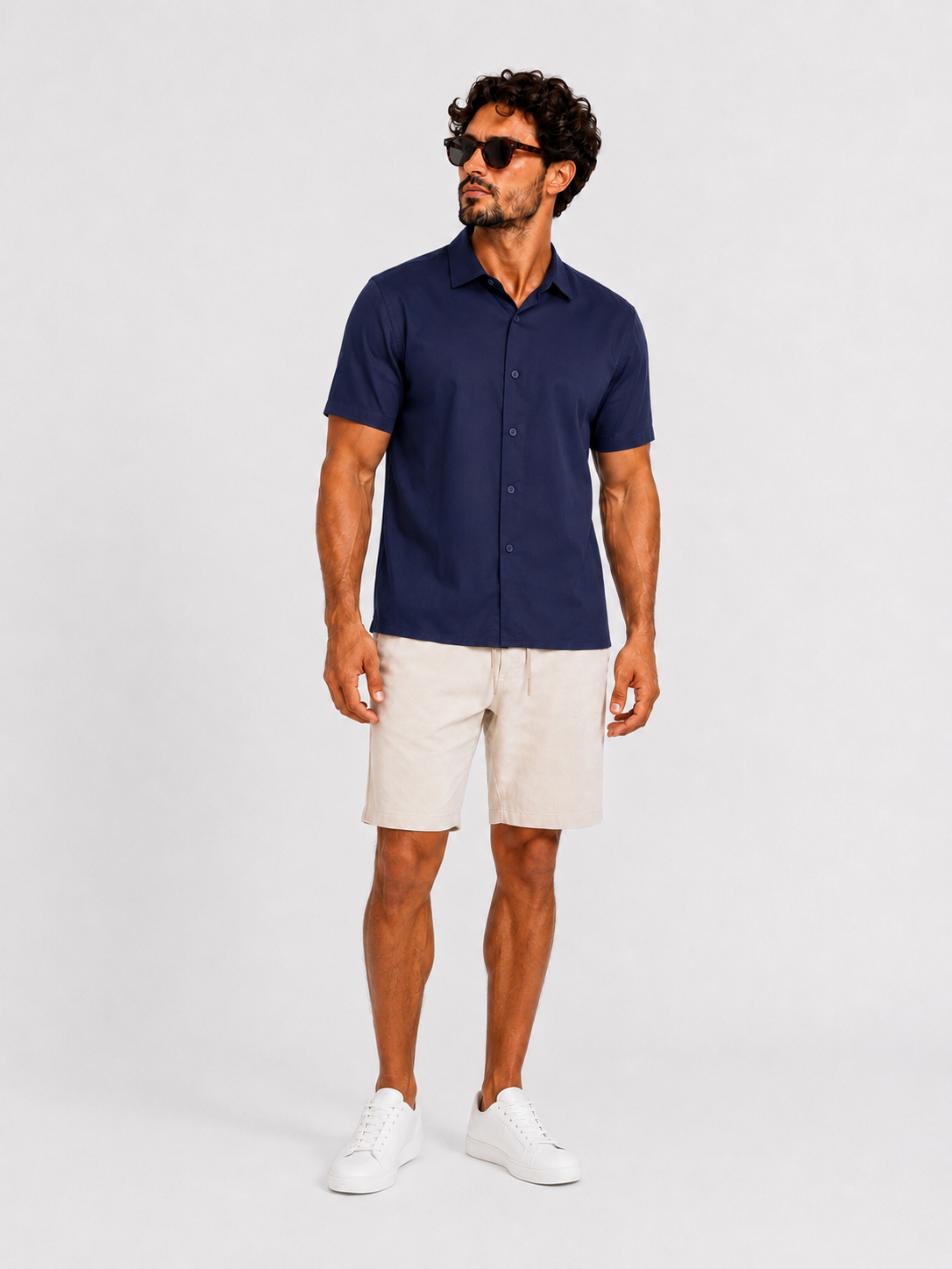 Satin super stretch shirt short sleeve navy blue - Frankie's