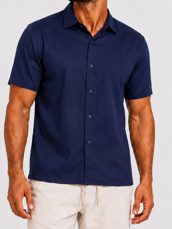 Satin super stretch shirt short sleeve navy blue - Frankie's