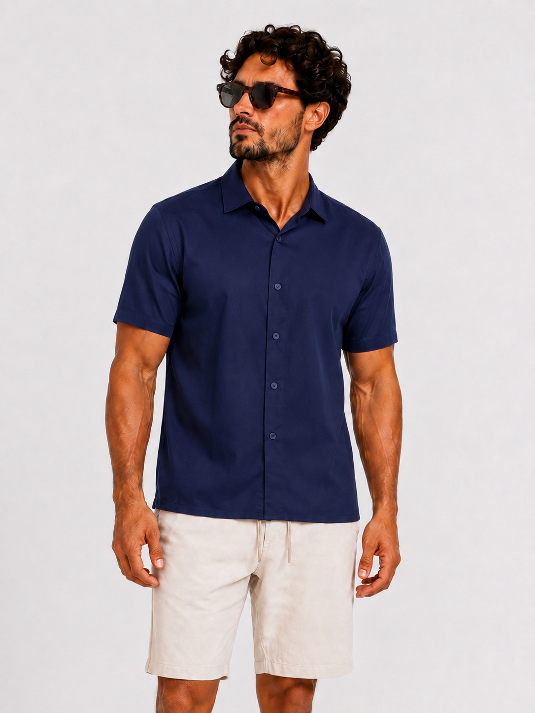Satin super stretch shirt short sleeve navy blue - Frankie's