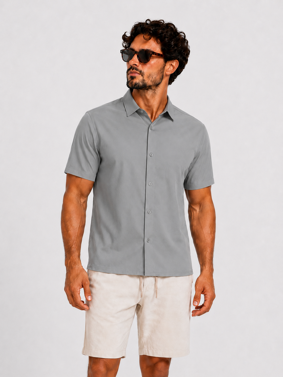 Satin super stretch shirt short sleeve light grey - Frankie's