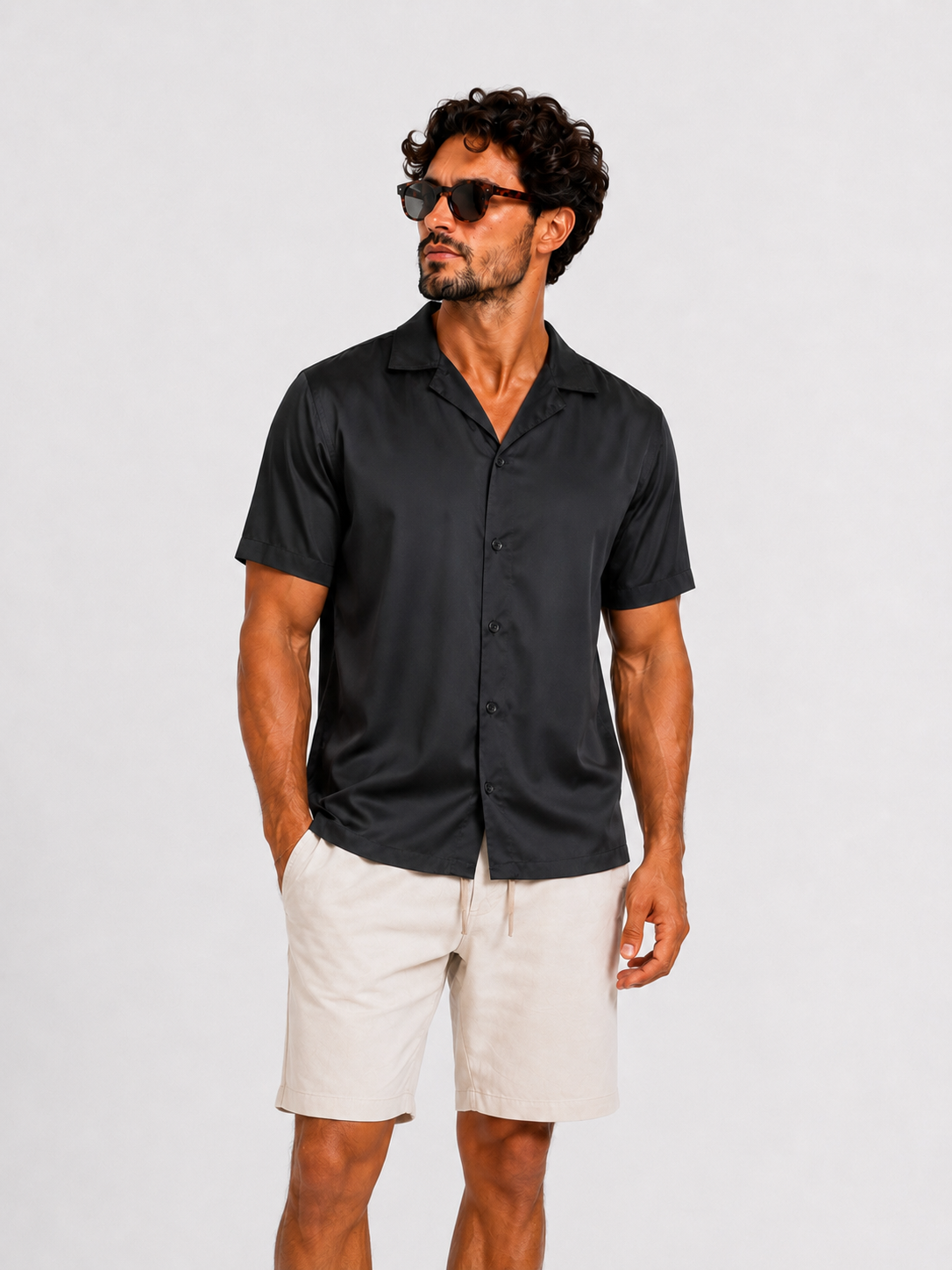 Satin super stretch shirt short sleeve black - Frankie's