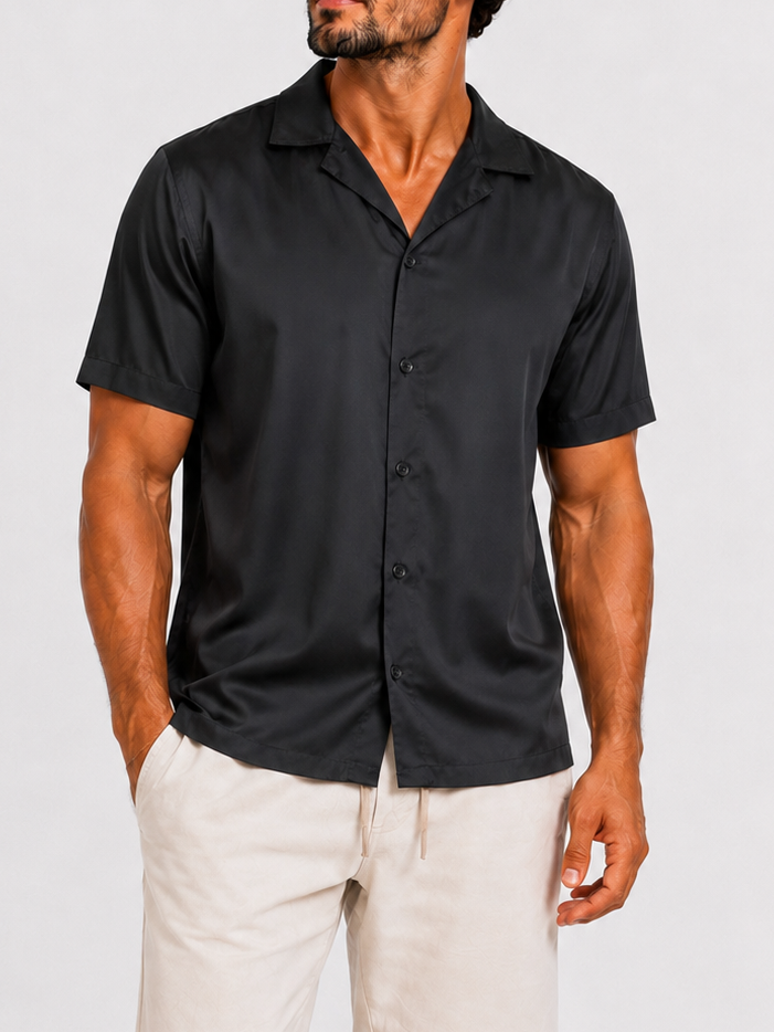 Satin super stretch shirt short sleeve black - Frankie's