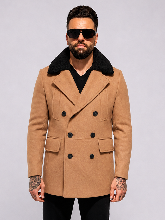Double Breasted Short Coat With Fur Trim - light brown - Frankie's