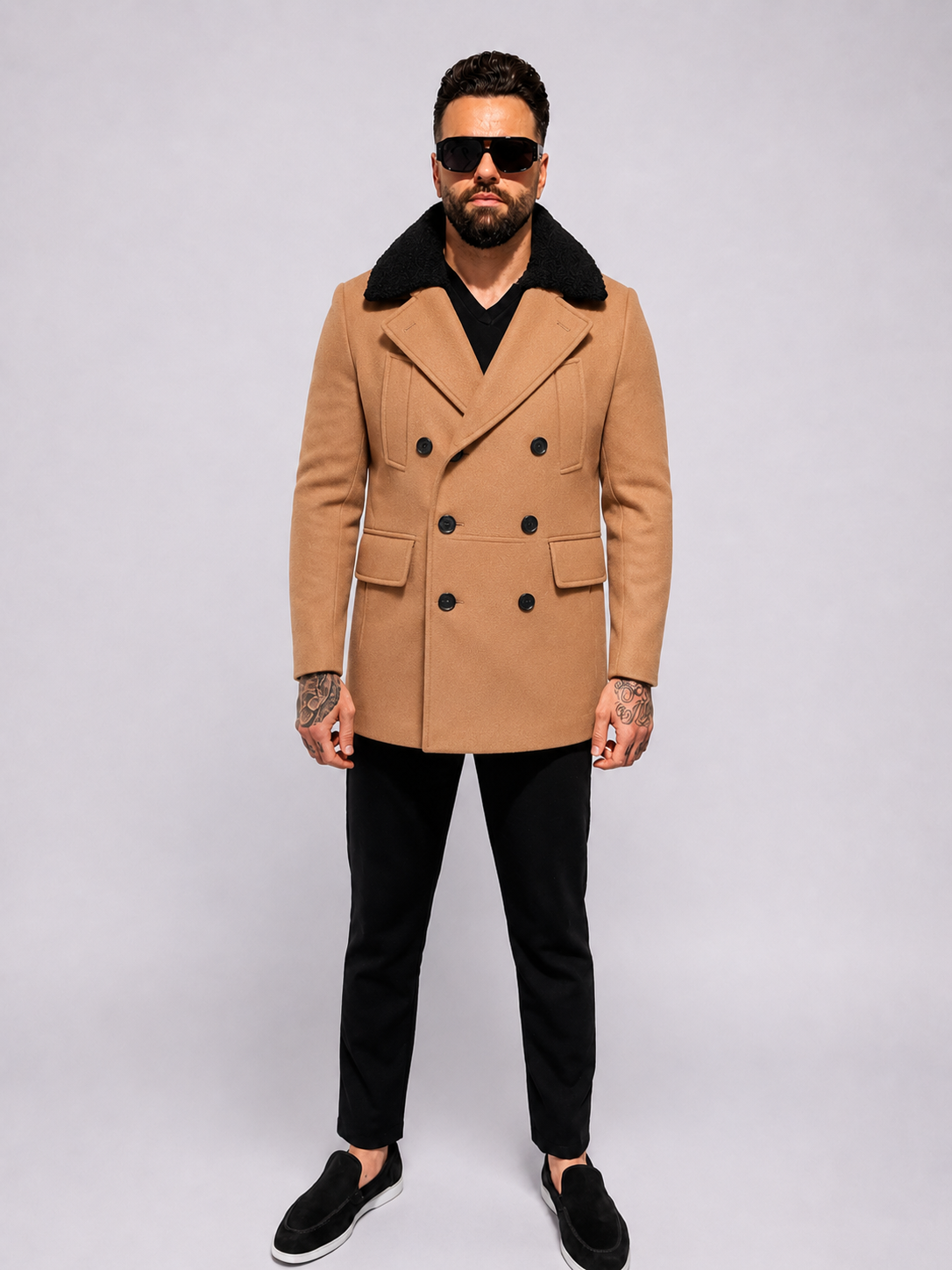 Double Breasted Short Coat With Fur Trim - light brown - Frankie's