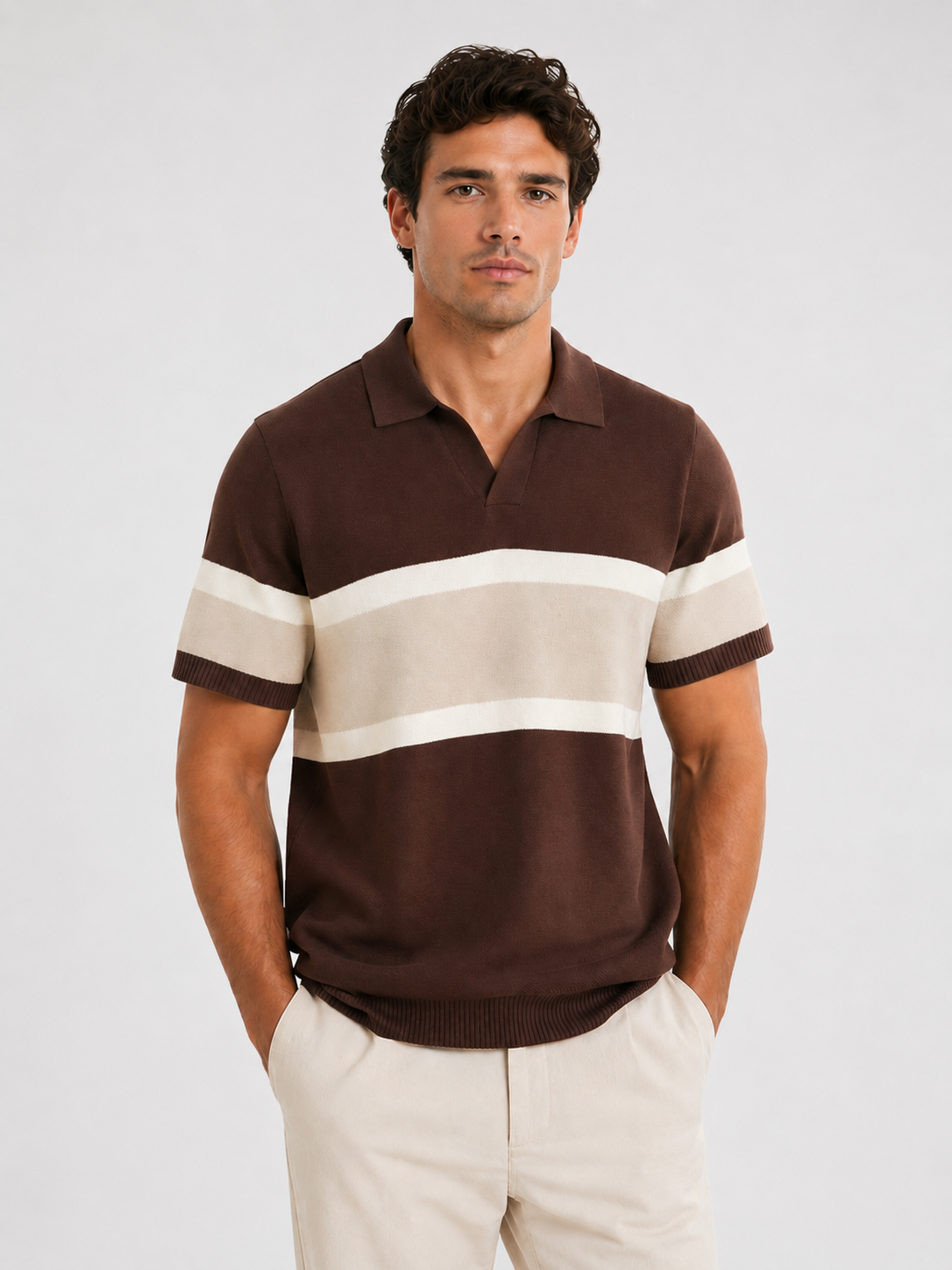 Amalfi Striped Knit Polo Brown - Frankie's
