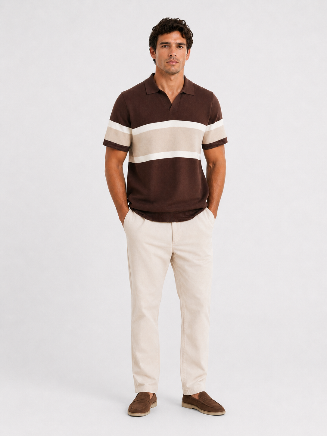 Amalfi Striped Knit Polo Brown - Frankie's