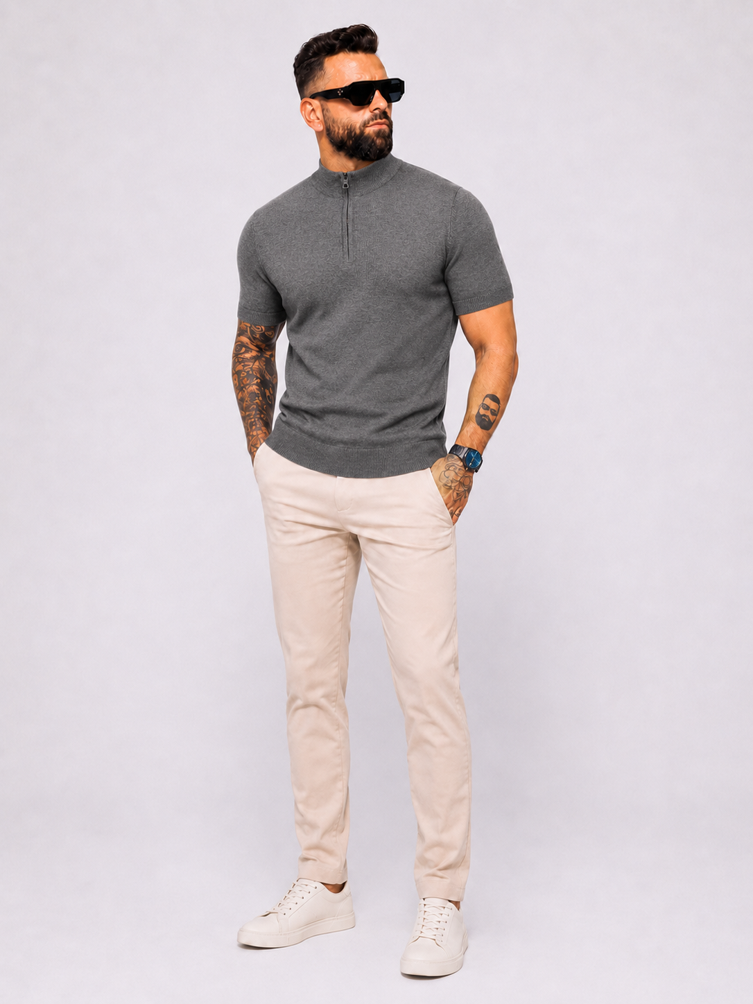 Zipper knitwear short sleeve grey