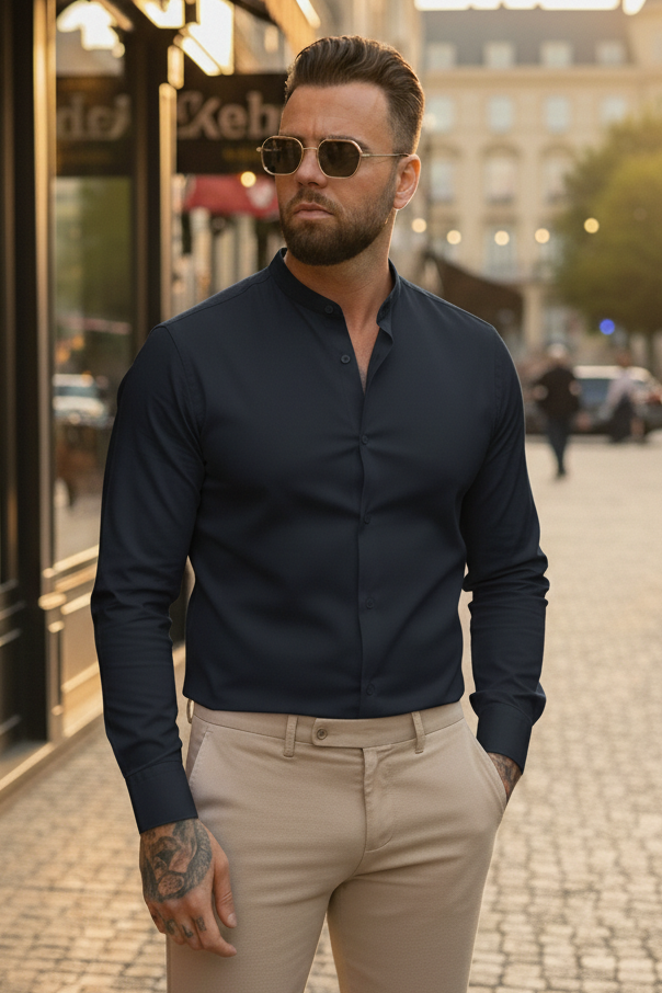 Overhemd Mandarin Collar - Navy - Frankie's